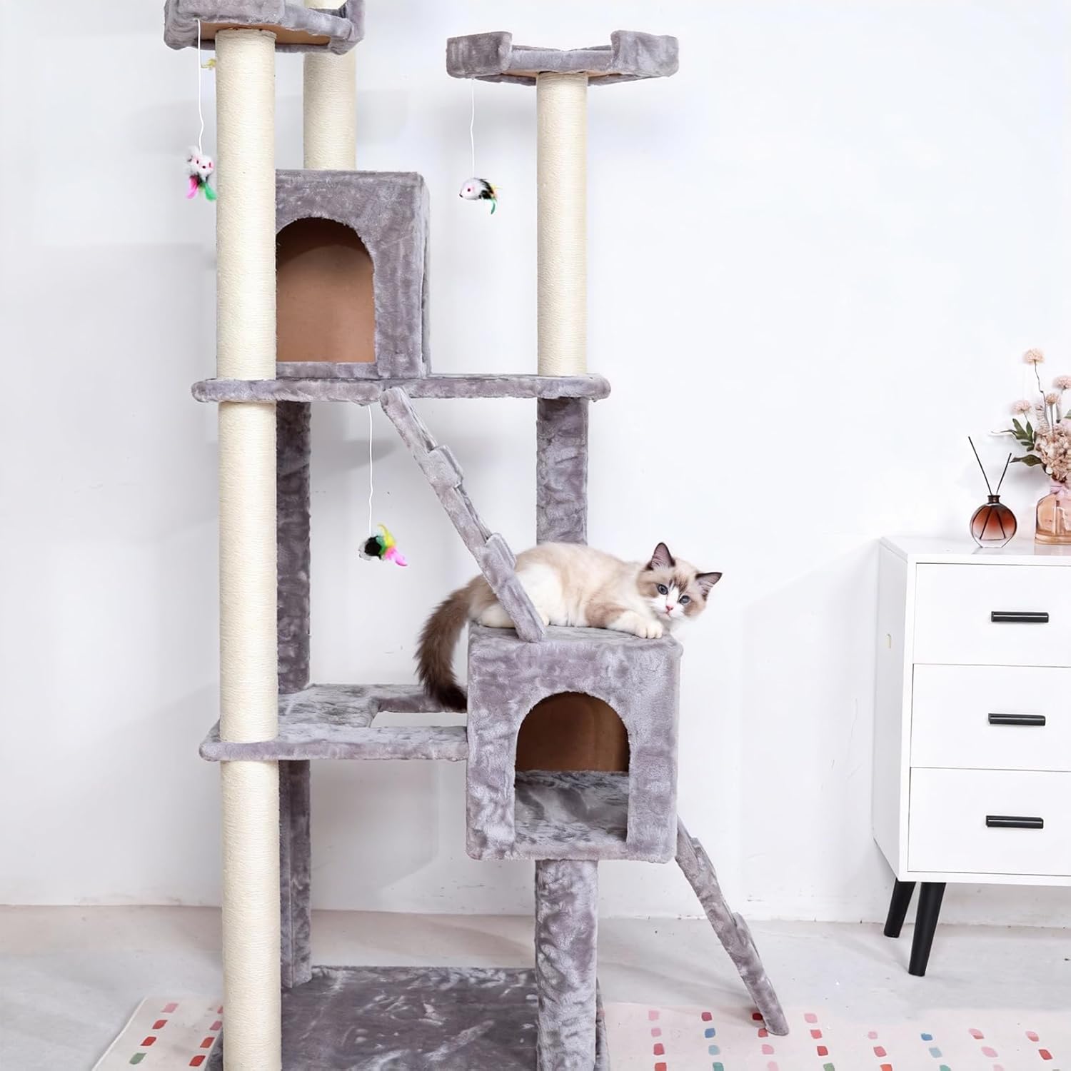 Extra Large Platform Cat Tree 69in Sturdy Cat Scratching Tree for Indoor Cats Large Adult Big Cat Perch Tower with 3 Padded Perches 5 Scratching Posts Cat Condo Hammock Gray