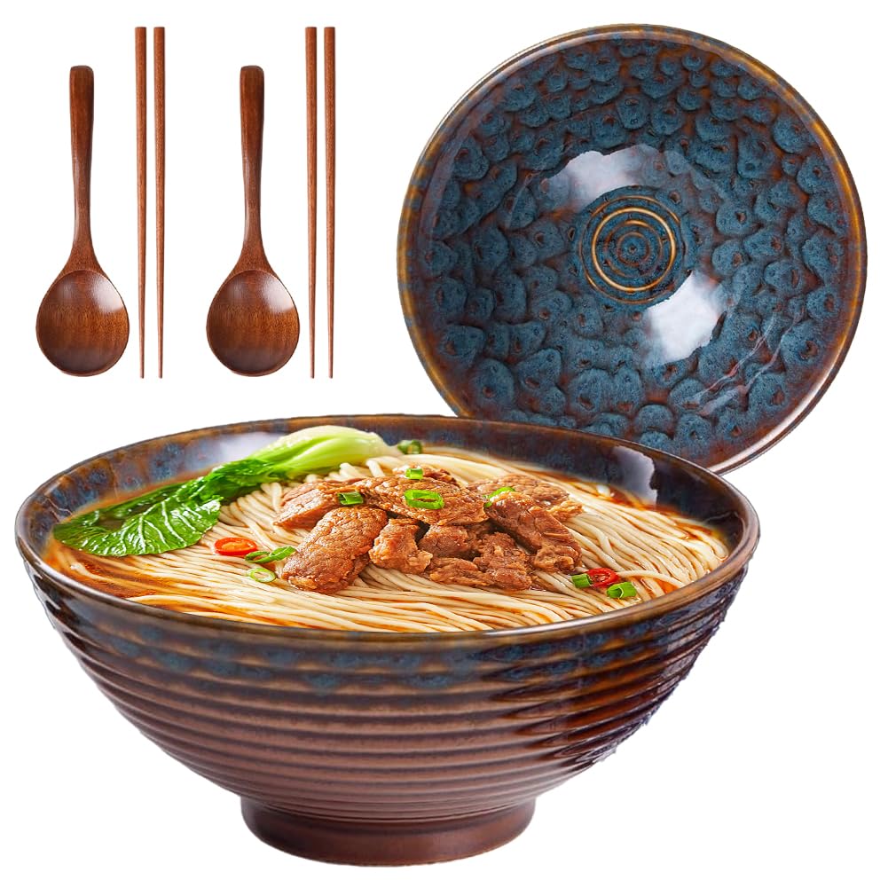 Lot de 2 bols à ramen en céramique 1200 ml avec baguettes et cuillère | Lot de 2 bols à ramen en céramique de 1200 ml avec baguettes et cuillères, parfaits pour ramen, soupe, salade et poke bowls.