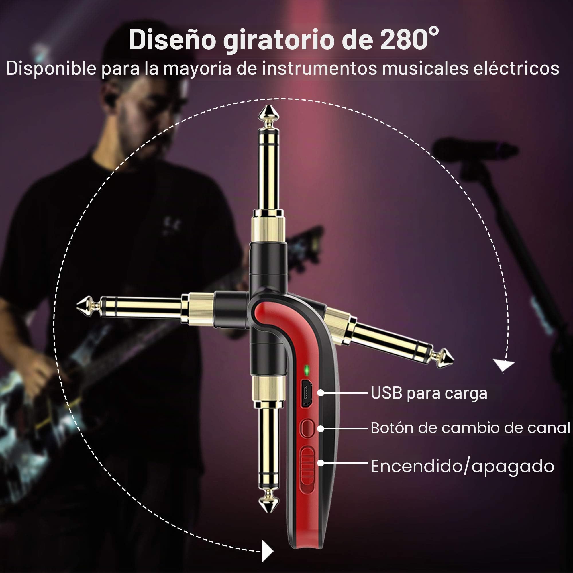LEKATO Stereo 2.4Ghz Sistema de guitarra inalámbrico digital para instrumentos musicales de sonido mono/estéreo, Transmitter Receiver recargable con enchufes de 1/4 "y 1/8"