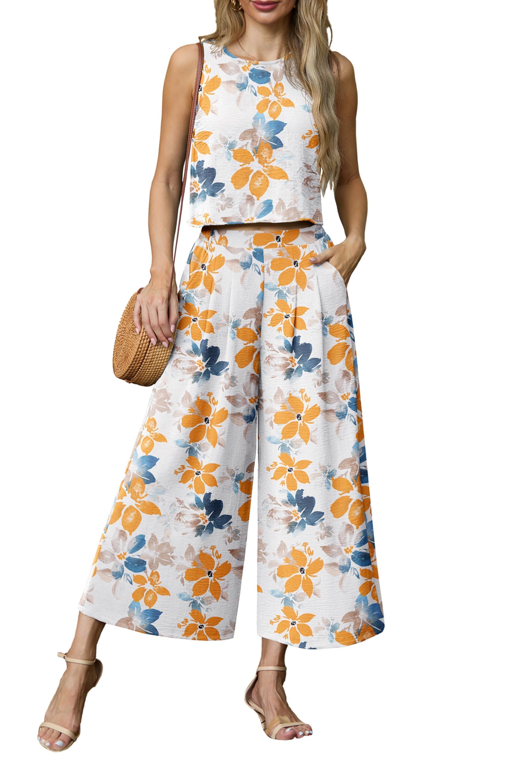 Lepunuo Womens Summer 2 Piece Outfits Sleeveless Crop Top Flowy Wide Leg Pants Matching Sets Vacation Beach Travel Outfits