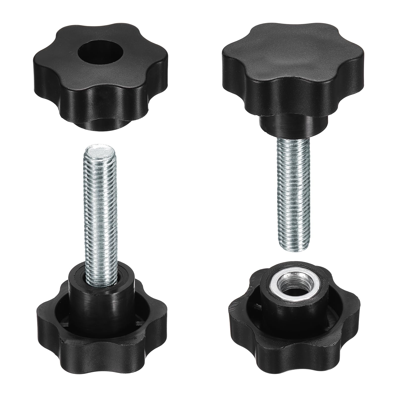 sourcing map 2 Set Star Knobs M12 x 50mm Male + M12 Female Thread 48mm Head Metric 6-Star Threaded Stud Clamping Handles Screw in Through Hole Hand Jig Knob Thumb Screws, Black