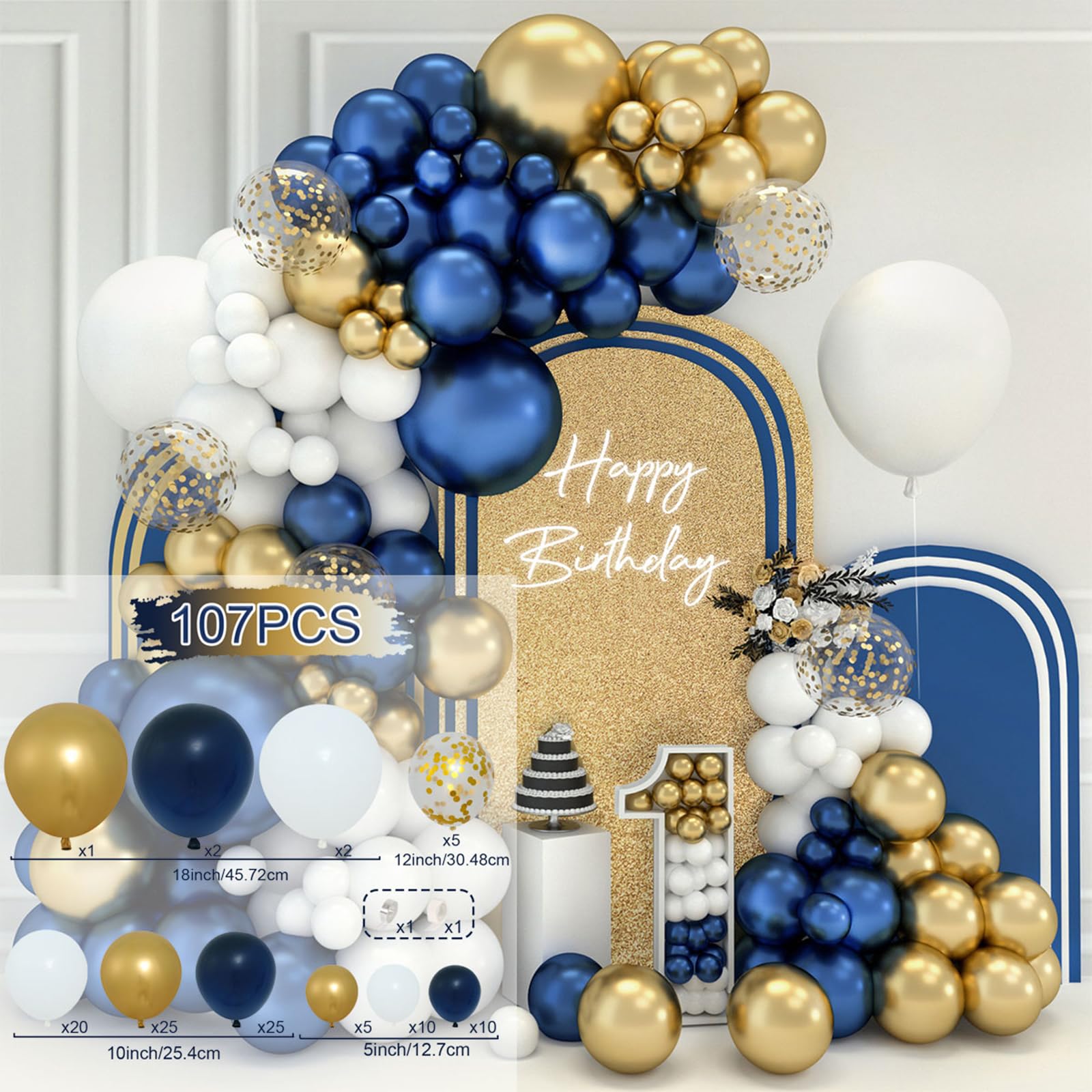 Kit Arco Globos Azules y Dorados,102Pcs Azules Globos De Cumpleaños Con Globos Oro Metálico Blancos Azul Marino,18 12 10 5 Pulgadas Balloon Para Decoración Cumpleaños Baby Shower Bautizo
