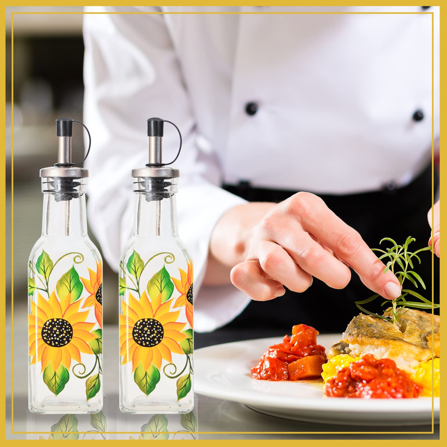 Dispensador de botellas de aceite de oliva de vidrio pintado a mano de 7 onzas, 200 ml, aceite verde y vinagre con vertedores y embudo, jarra de aceite de oliva para cocina (girasol)