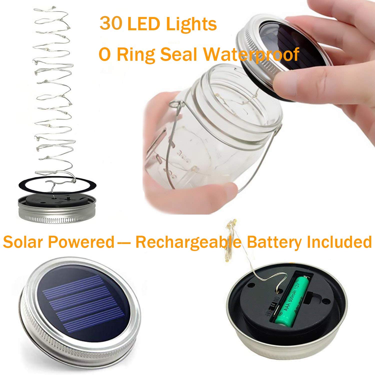 8 Luci Solari Per Barattoli Mason 30 LED – Alimentazione Solare Con Ganci – Luce Bianca Calda