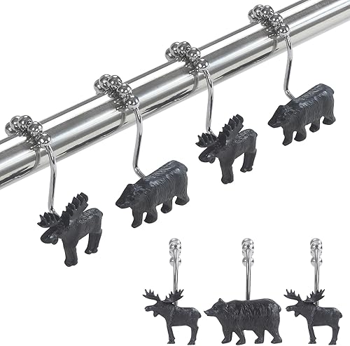 Ganchos decorativos para ducha, 5 bolas de anillo de rodillo, ganchos de cortina de oso y alce para baño, juego de 12
