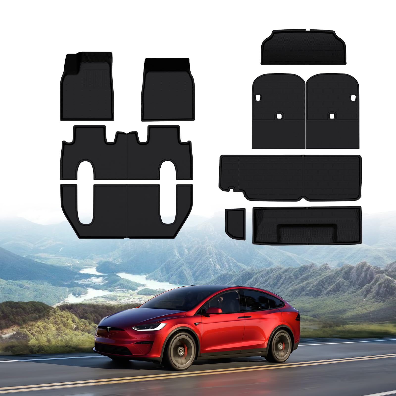 BASENOR 10PCS Floor Mats for Tesla Model X 6-Seater All Weather Protection XPE Car Mats Anti-Slip Trunk Mat Cargo Liners Back Seat Cover Model X Plaid Accessories 2022-2026