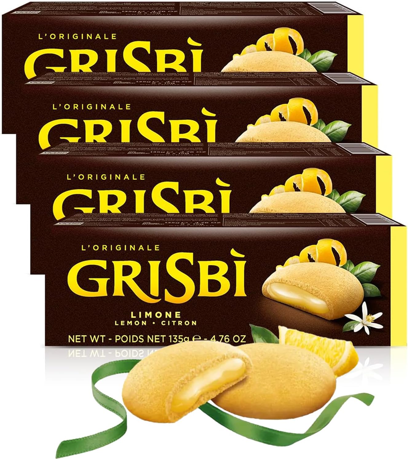 Grisbi Lemon Shortbread by Pasticceria Matilde Vicenzi, Sweet Lemon Cream Filled Patisserie Pastry Cookie, All-Natural, Kosher Dairy, Made in Italy, 4.76oz (135g) Box, 4-Pack
