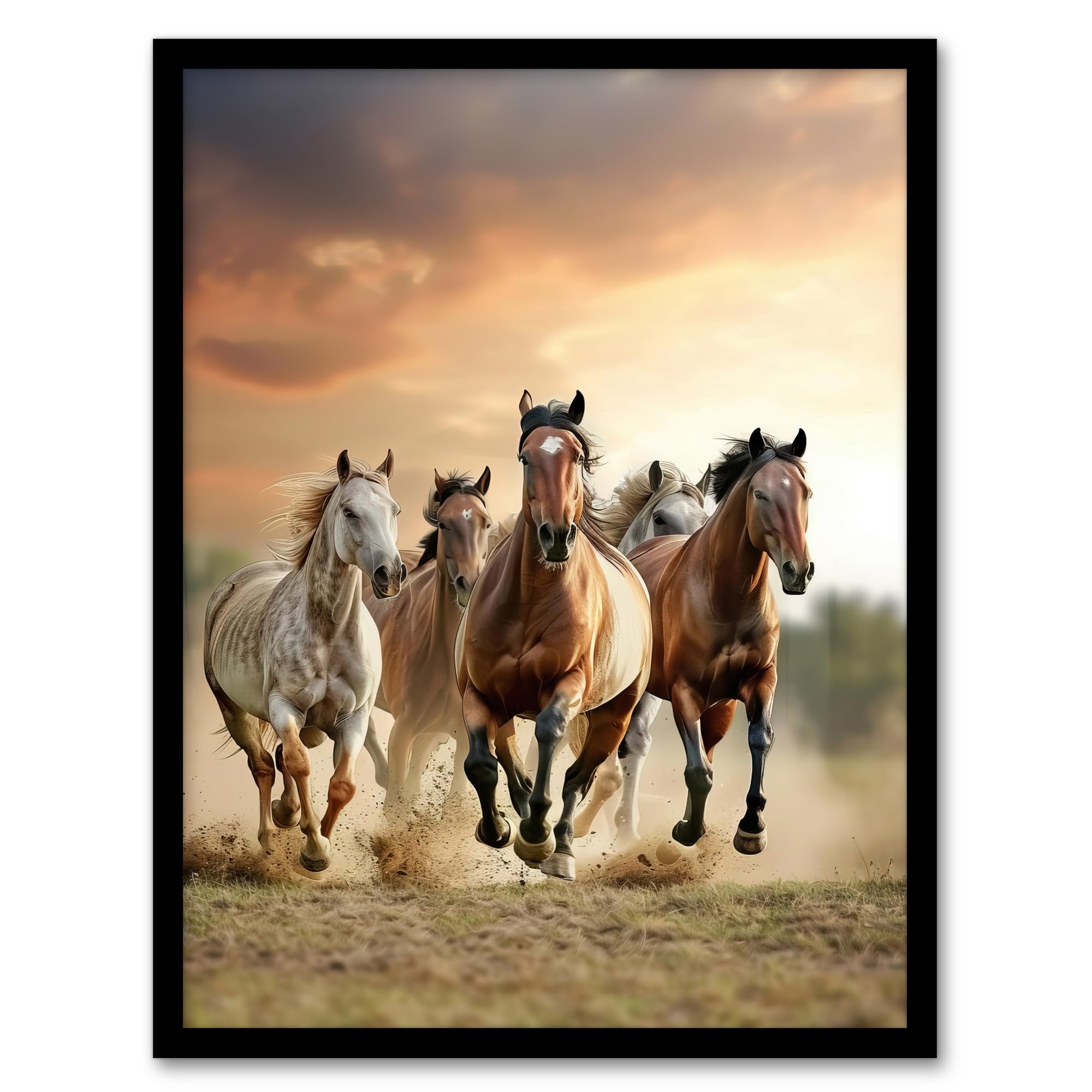 Artery8 Wild Horses Galloping Open Field Sunset Clouds Living Room Artwork Framed Wall Art Print 18X24 Inch