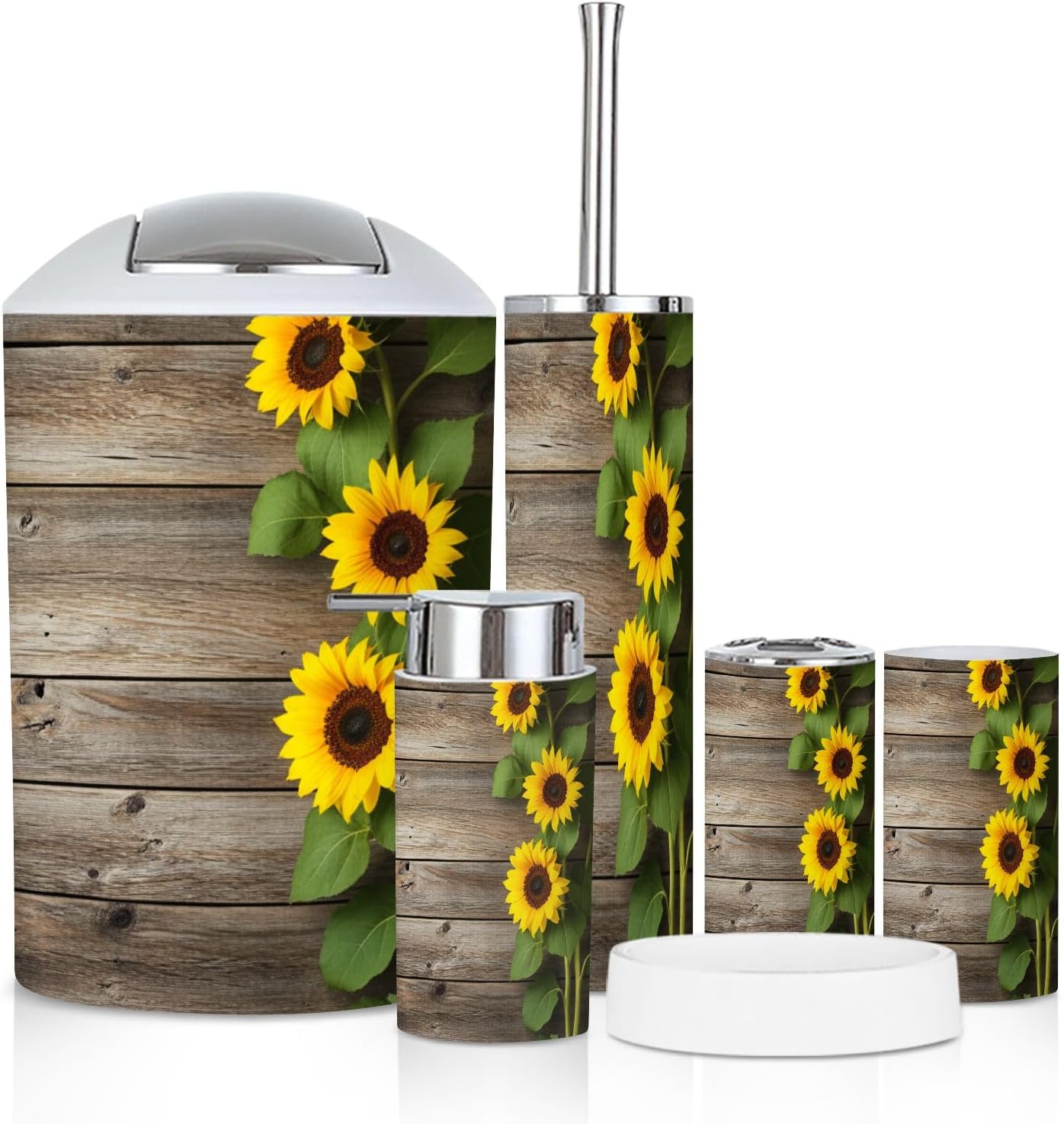 Bathroom Accessory Set 6PCS Sunflowers Wooden Board Trash Can, Soap Dispenser, Toothbrush Holder, Toothbrush Cup, Toilet Brush Holder, Soap Dish for Gifts