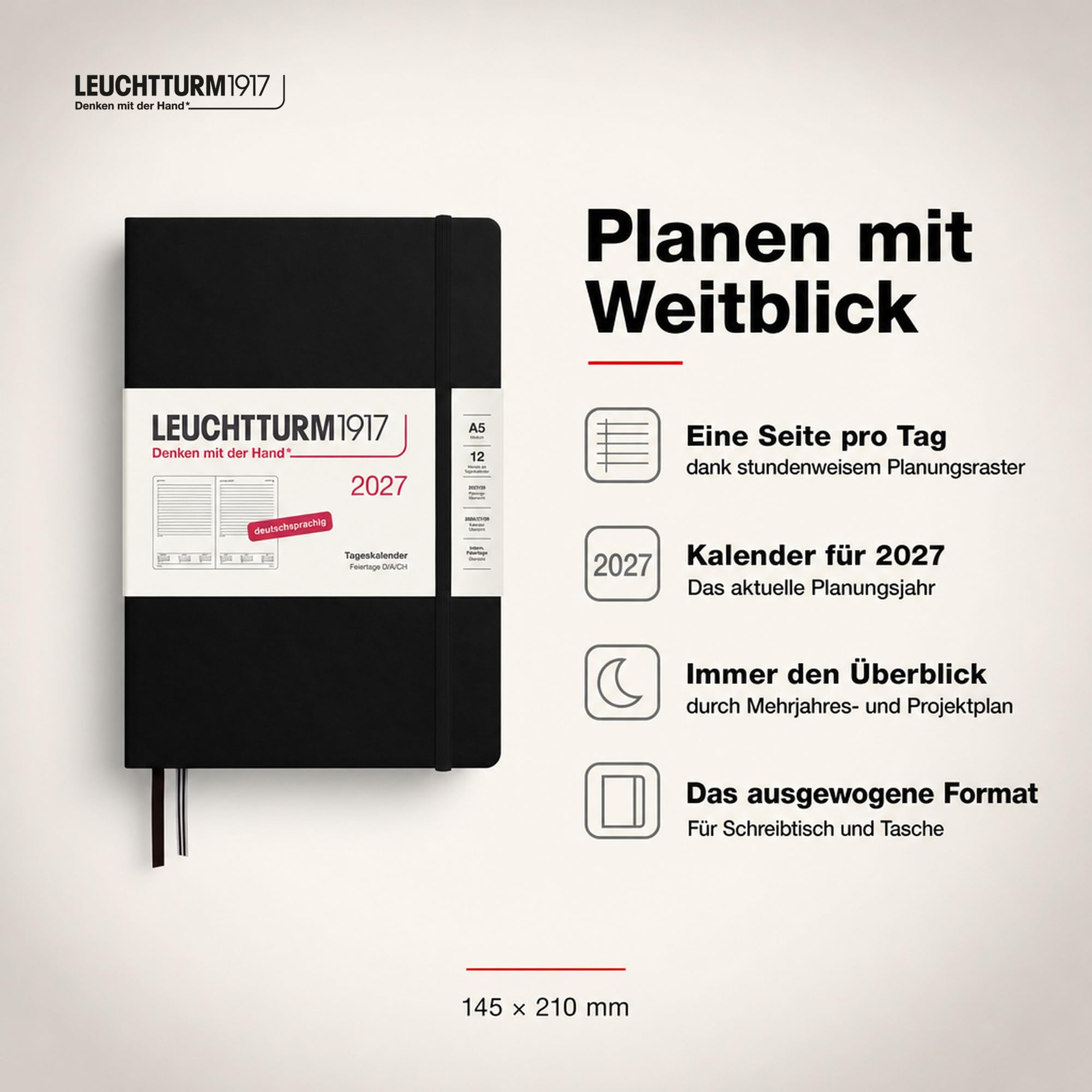 LEUCHTTURM1917 Kalendarz dzienny na rok 2027, średni (A5), niemiecki, czarny, 145 x 210 mm, styczeń-grudzień (12 miesięcy), 1 strona na dzień, siatka godzinowa 7:00-22:00, twarda okładka, papier 80 g | Jedna cała strona dziennie, siatka godzinowa 7-22, 46
