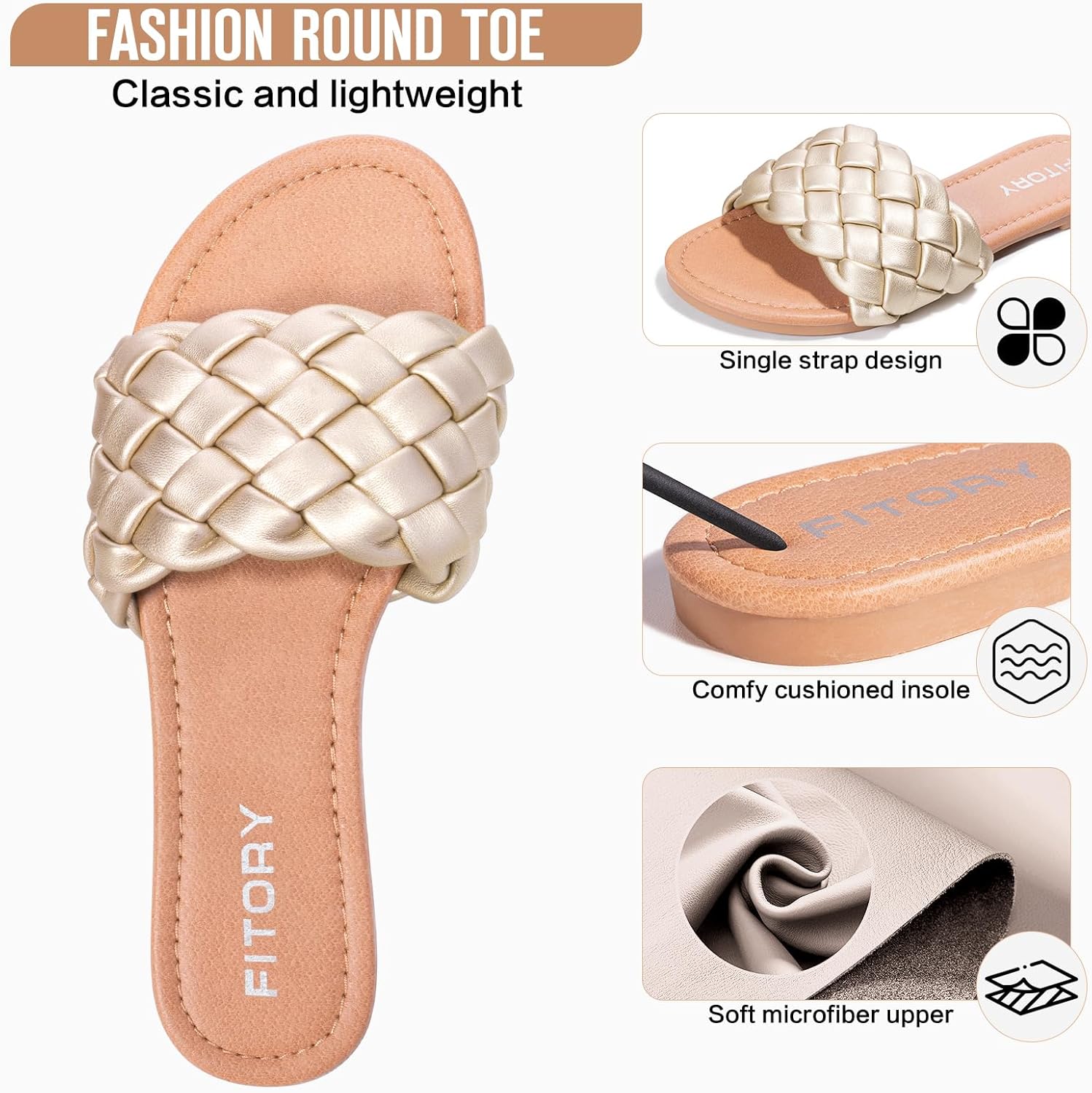 FITORY Womens Flat Sandals Fashion Round Open Toe Slip On Slides with Braided Strap Slippers for Summer Size 6-11
