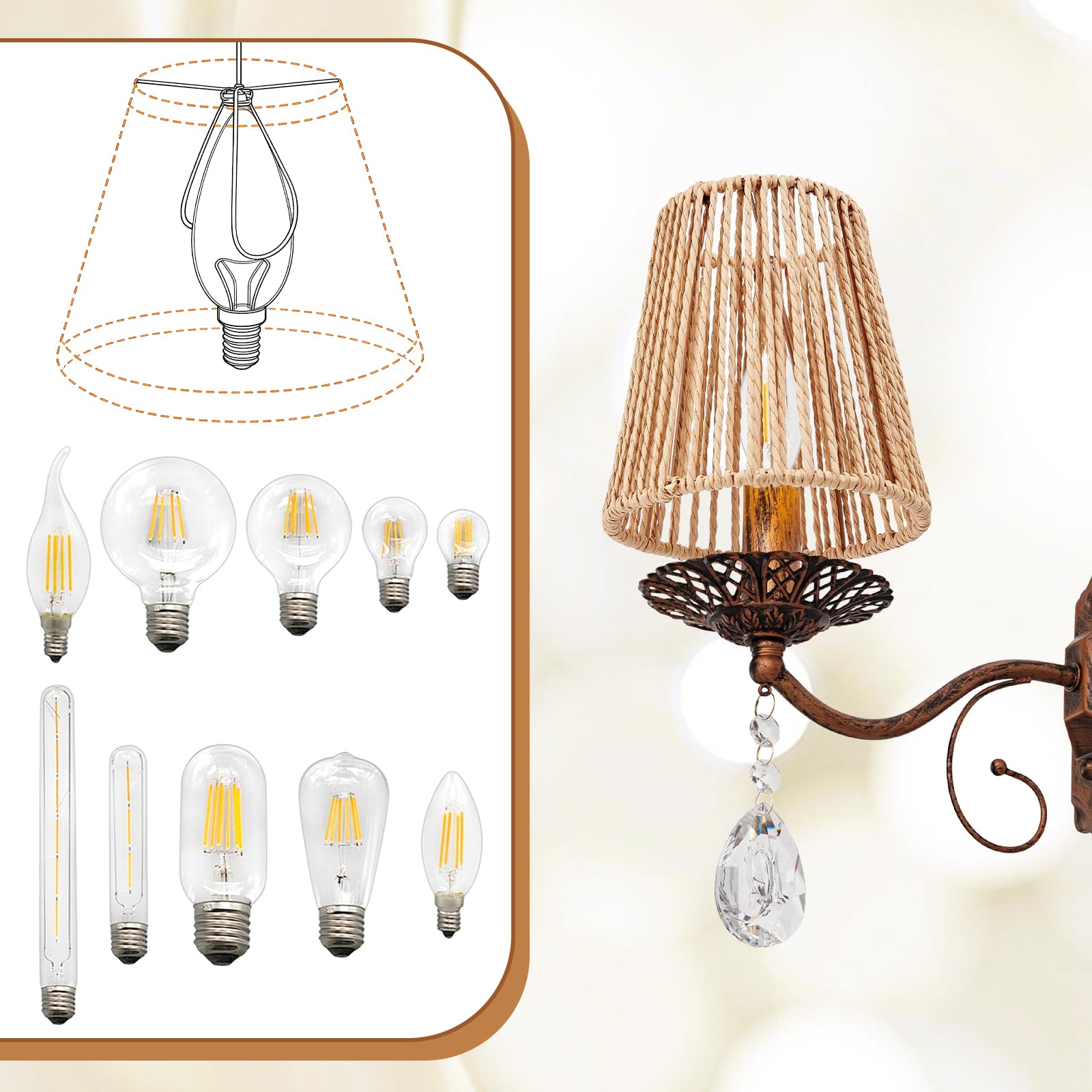 Set di 8 paralumi affusolati in tessuto intrecciato, stile bohémien, per lampade da tavolo, lampade da parete, lampade da soffitto, lampadine a candela, soggiorno, camera da letto