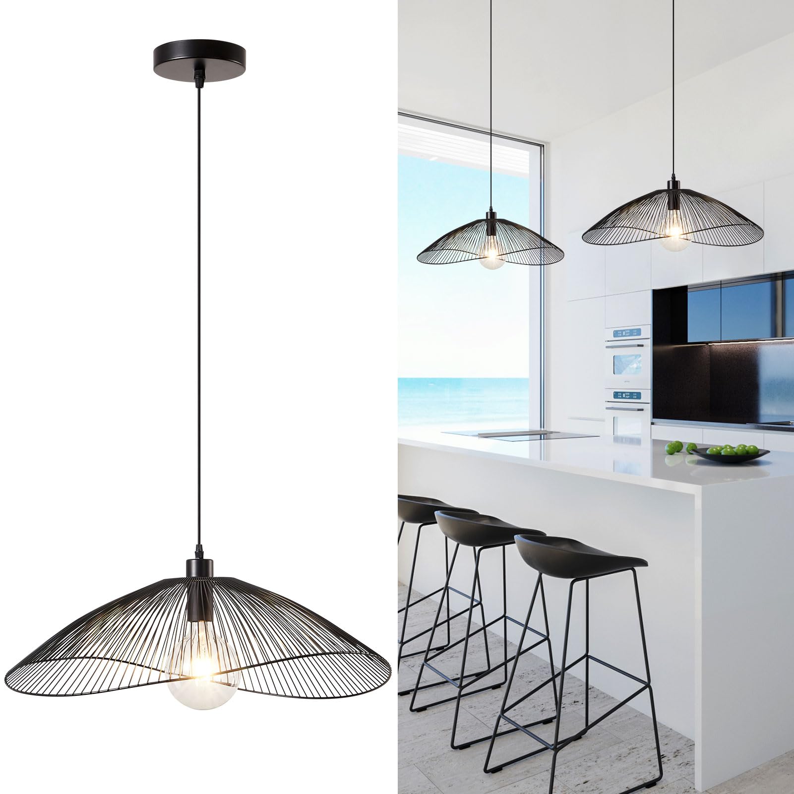 Harper Living 65Cm-Single Cover Pendant Ceiling Light, Modern Black Light Pendant Decorative Shade With Curved Metal Threads, Ceiling Lighting Fixtures For Dining Room Living Room Hallway, 65Cm Diameter Medium