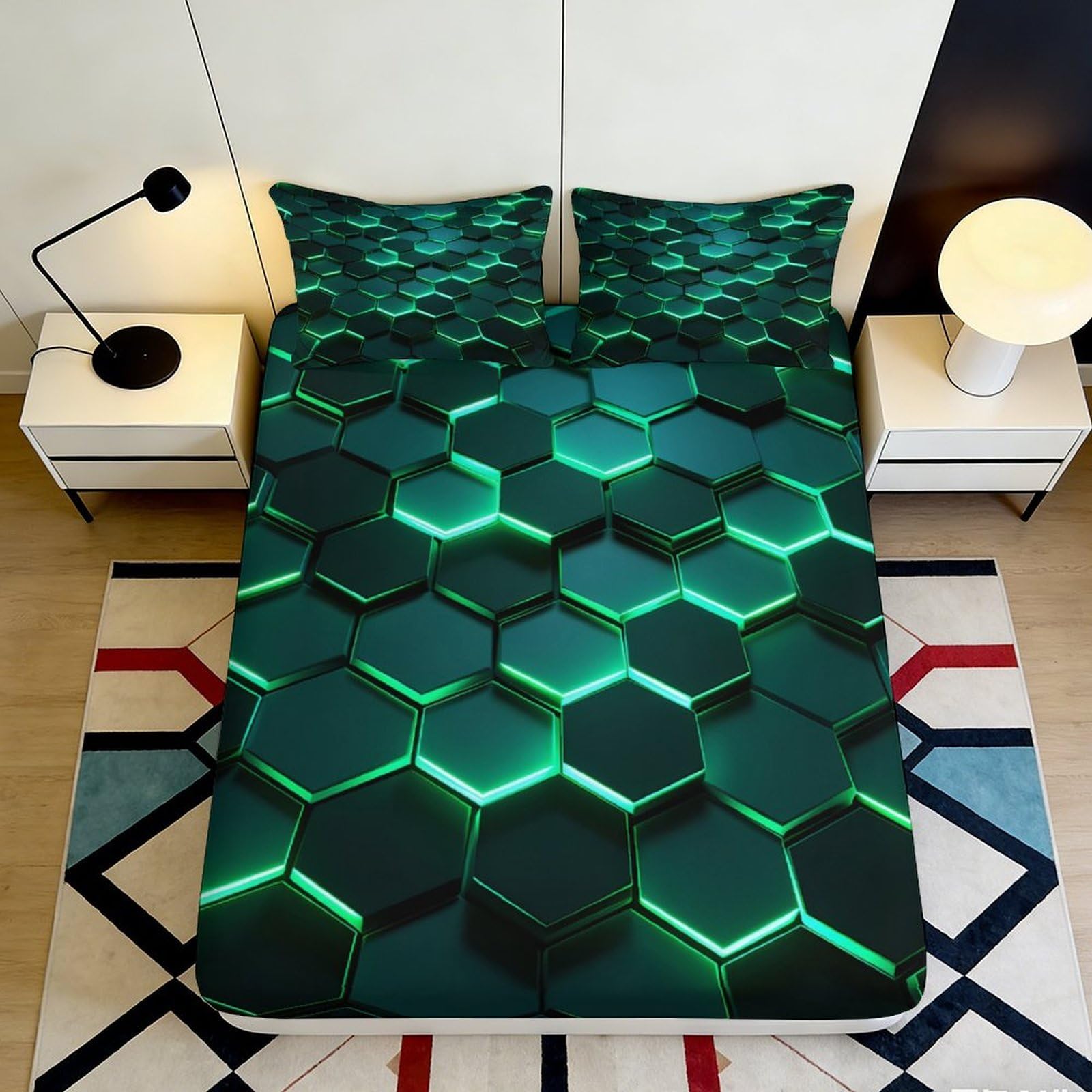 3D Printed Neon Hexagon Fitted Sheet Microfiber Soft Modern Geometric Mattress Cover for Bedroom Guest Room Decor 90x200x25cm