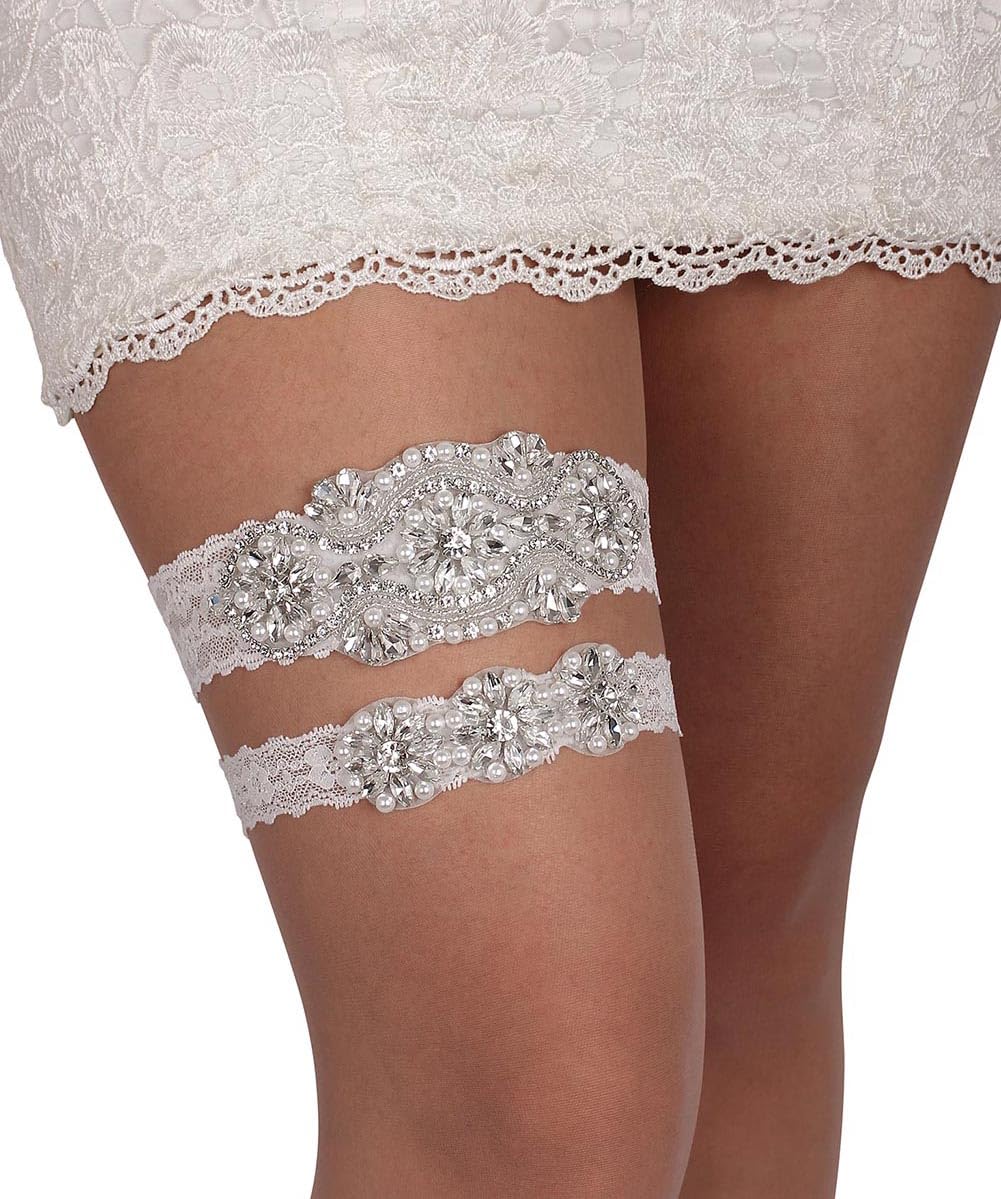 Blue Garters for Bride Rhinestone Pearl Bridal Wedding Garter Belt Set  White 
