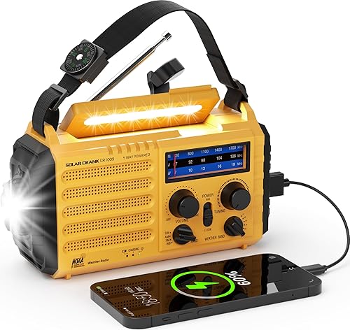 Miniatura 9 de Radio de manivela solar de emergencia, radio de alerta meteorológica AM/FM/SW NOAA, linterna, lámpara de lectura, alarma SOS para supervivencia