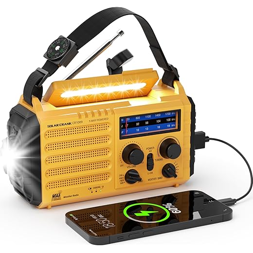 Emergency Radio 5-ways Powered Crank Solar Battery Operated Portable AM FM SW NOAA Weather Alert Radio with USB Charger,Camping Flashlight,Lamp,Headphone Jack,Compass,SOS Alarm,Best Survival Equipment
