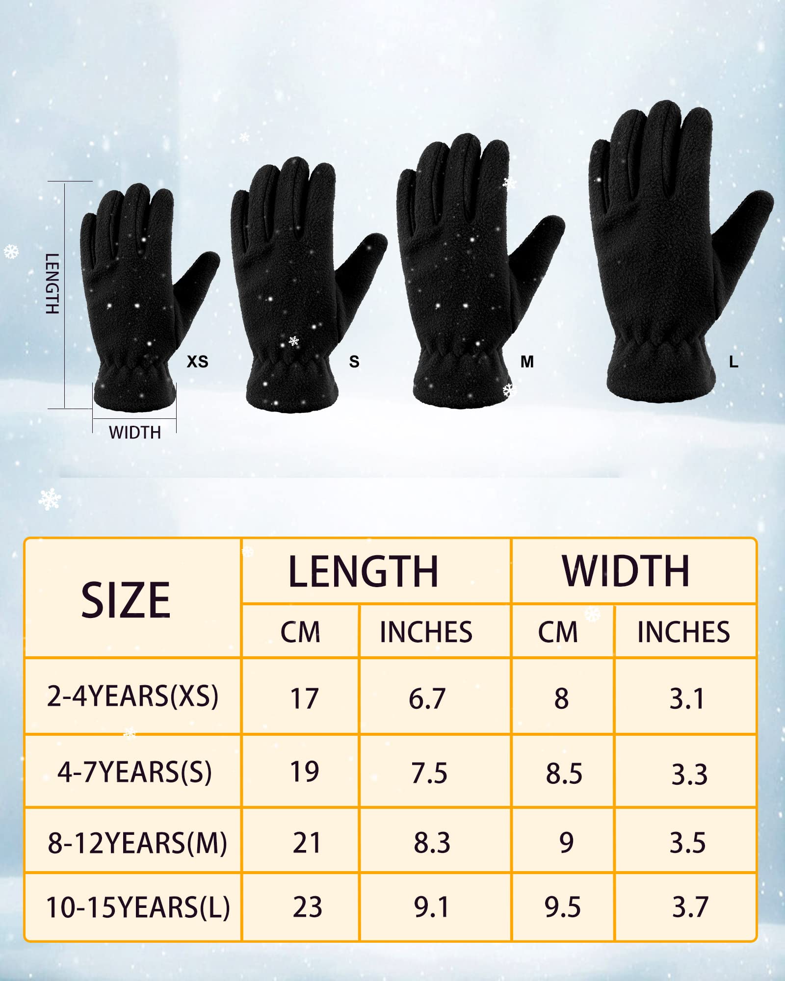 3 Paires Gants en Molleton à Doigts Complets Enfant Mitaines Chauds Hiver