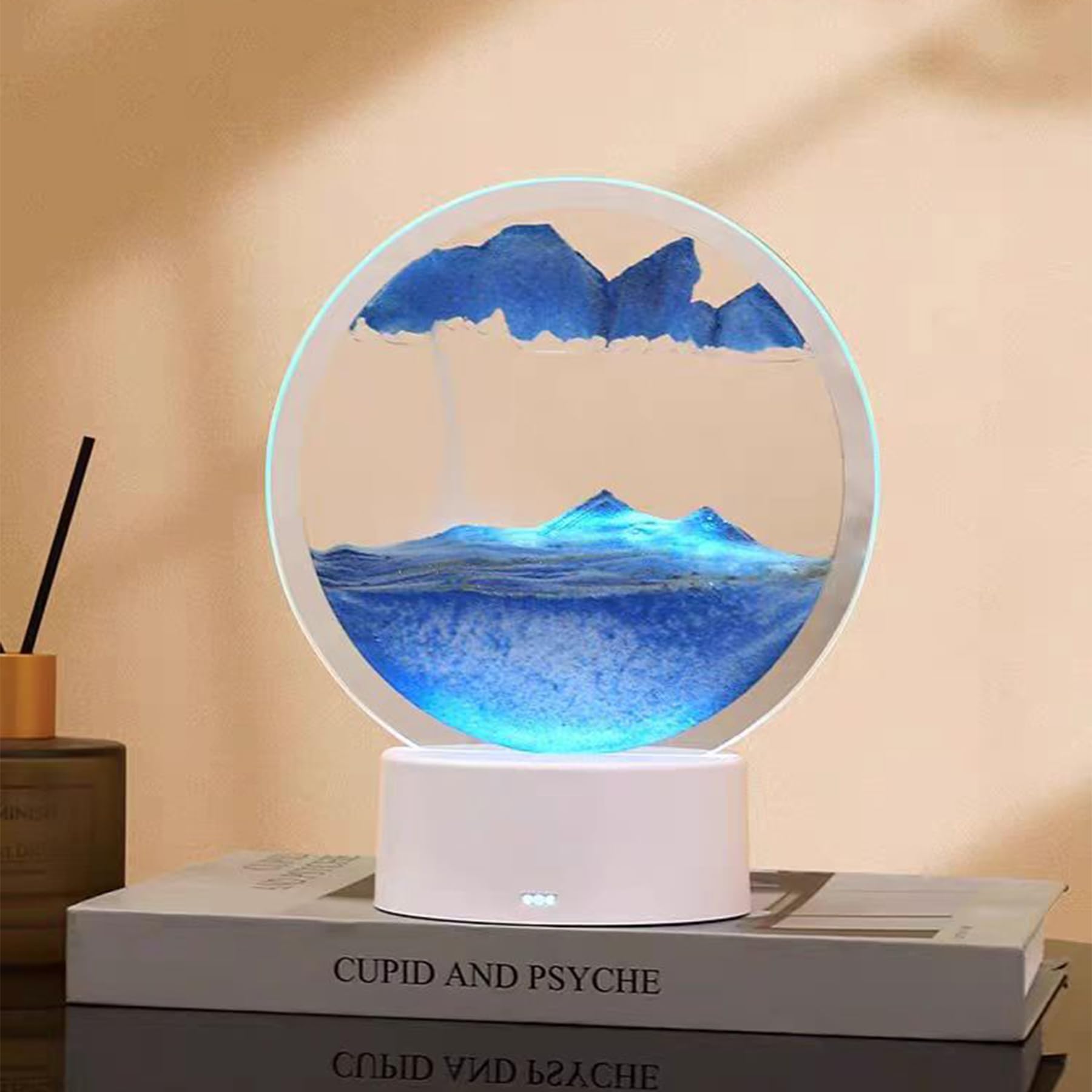 Moving Sand Art Picture with Lamp, 7 Color Lighted/Touch Control, Round Glass Deep Sea Landscape - Relaxing Sensory Desktops Decoration for Home & Office (Sand Art (Blue Sand))
