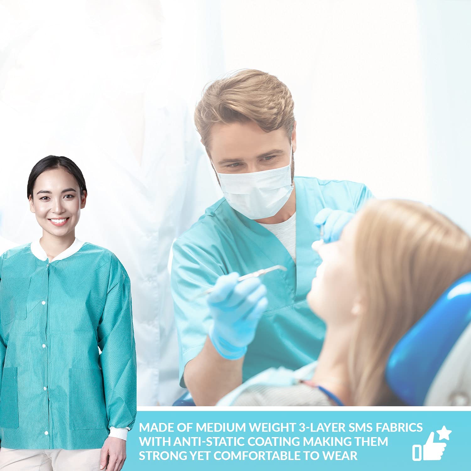 ValuMax 3530TEXS Easy Breathe Cool and Strong, No-Wrinkle, Professional Disposable SMS Hip Length Jacket, Teal, XS, Pack of 10