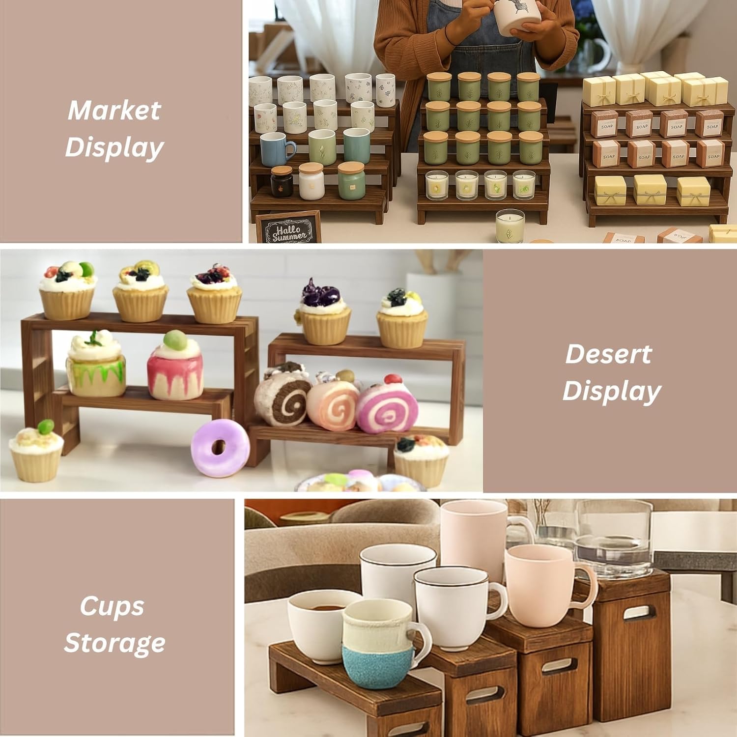 16PCS Wooden Buffet Risers and Stands with Reusable Table Signs, stackable Cube Rustic Wood Food Risers for Buffet Display, Cupcake Holder, Cupcake Stand, Dessert Table Display Set, 4 Sizes