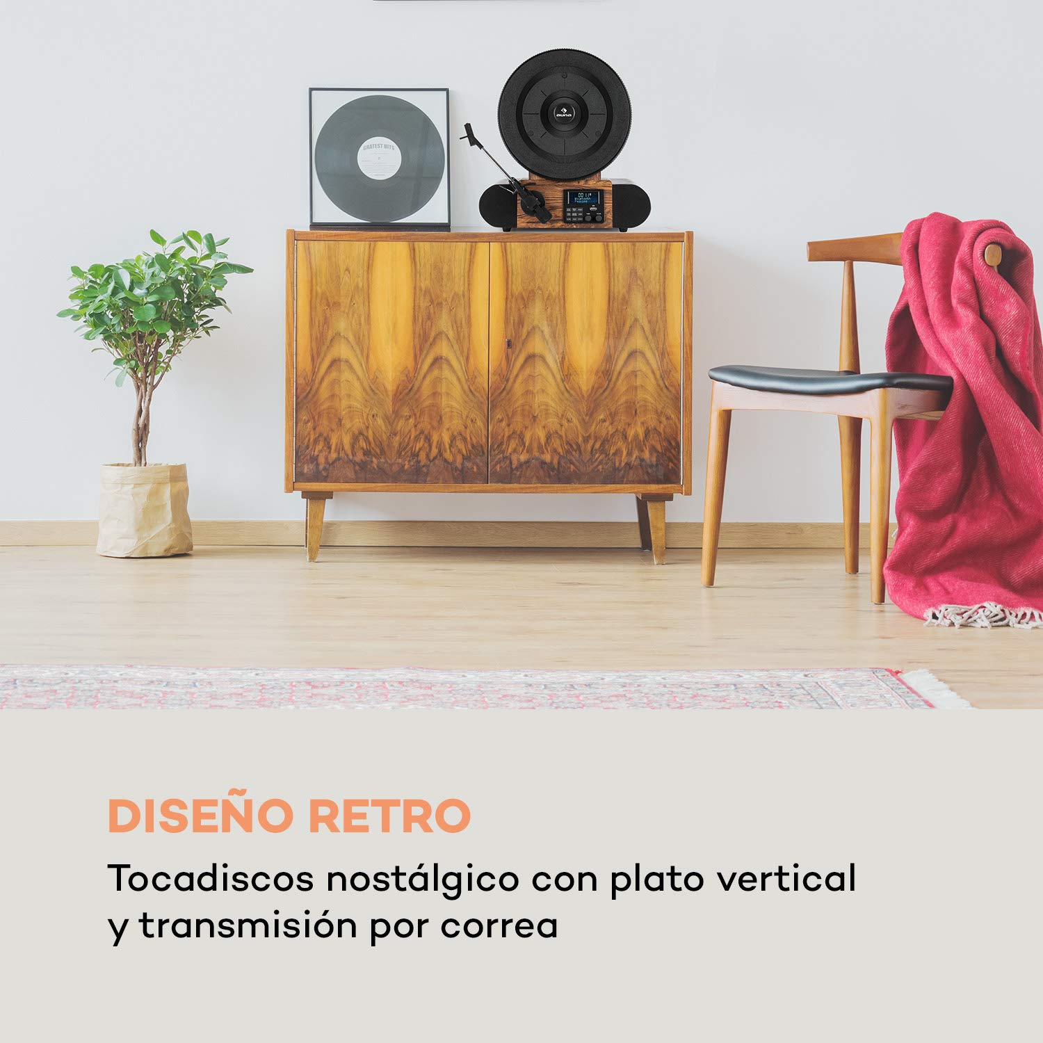 auna Verticalo SE - Reproductor de Vinilo, Tocadiscos con Altavoces estéreo, Tocadiscos de Vinilo con Bluetooth, Reproducción: 33, 45 y 78 RPM, USB, MP3, Entrada de línea, Sintonizador Dab+, Madera