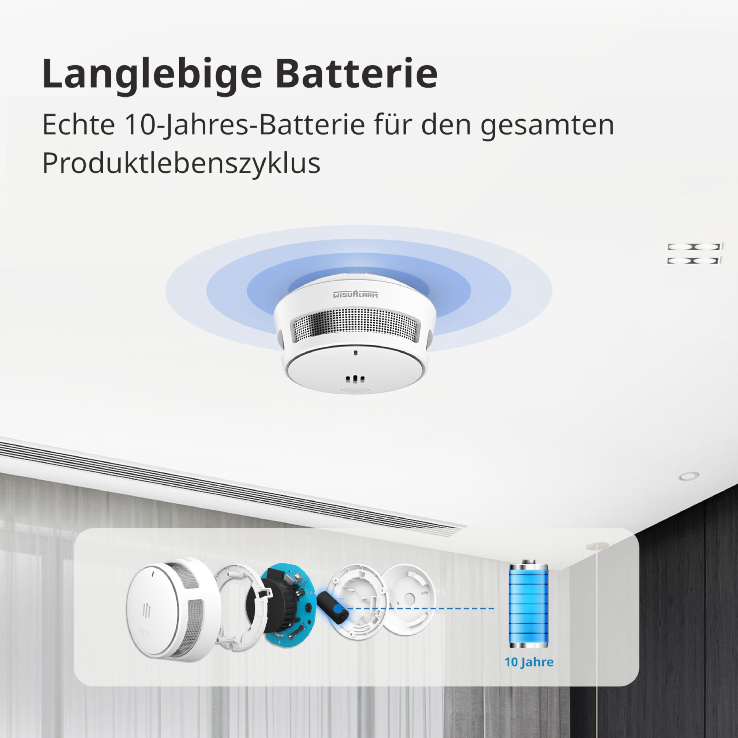 Wisualarm Rauchmelder Vernetzt, 10 Jahre Batterie, Rauchmelder TÜV geprüft DIN EN 14604 Zertifiziert, Feuermelder Drahtlos Vorverkabelt (5 Stück)