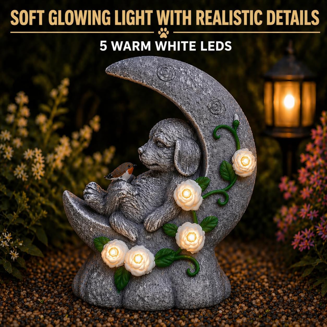 Festive Lights Lapide commemorativa da 19 cm con illuminazione LED solare a mezzaluna con cane, decorazione per tomba di cane, resistente agli agenti atmosferici, lapide per cane, luce per tomba