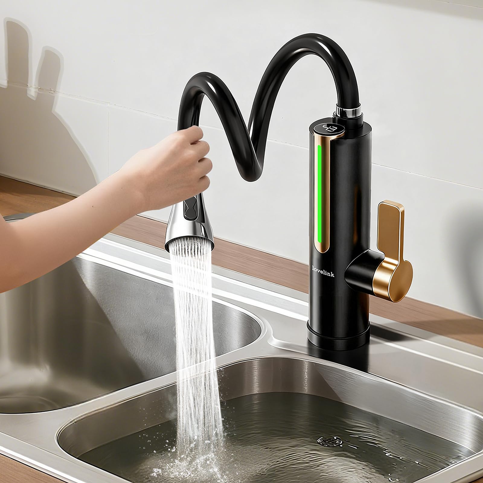 Lovelink Wasserhahn mit Durchlauferhitzer Farbadaptiv LED Temperaturanzeige 360° Flexibler Schlauch Elektrischer Durchlauferhitzer Wasserhahn für Küche/Bad/Balkon (Schwarz)