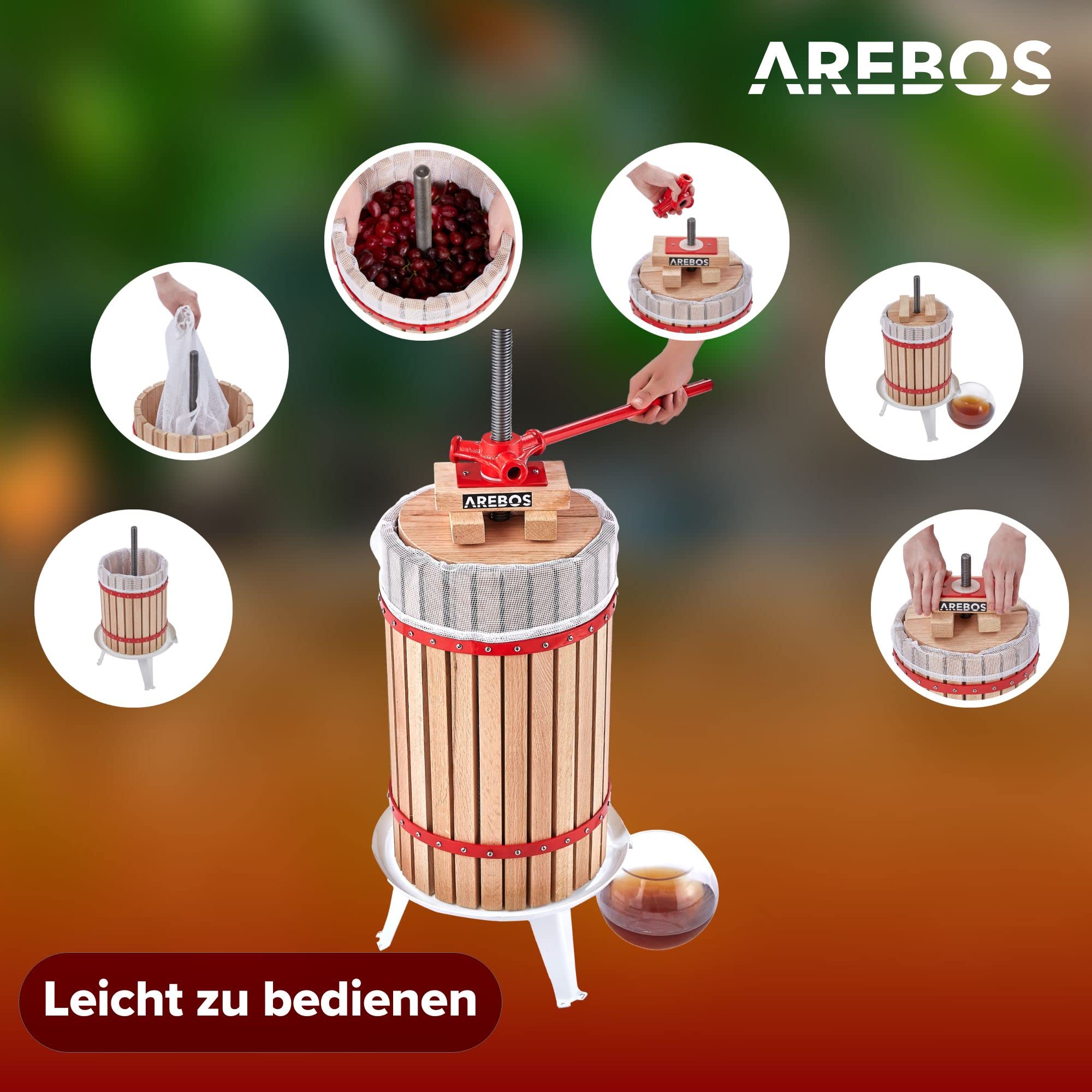 Arebos Obstpresse 30L | Manuelle Saftpresse I Beerenpresse inkl. Presstuch, Druckplatte und Metallspindel I Für jegliche Arten von Saft & Gemüse