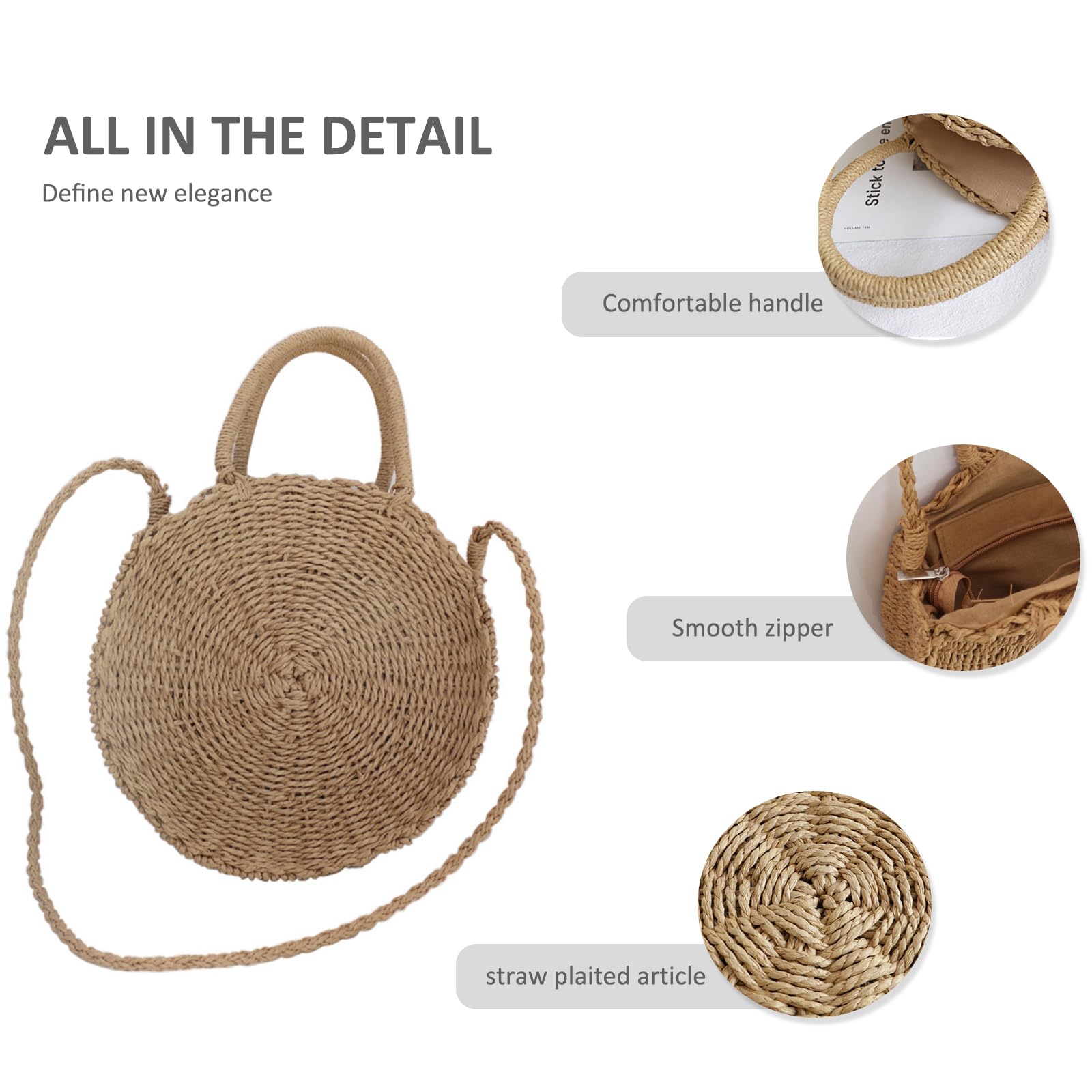 NICOLE & DORIS Bolso de Playa Bandolera Bolso de Paja Redondo Mujer Bolso de Hombro Verano Bolso de Mano Crossbody Bolsa Tejida de Ratán de Verano para la Playa Caqui