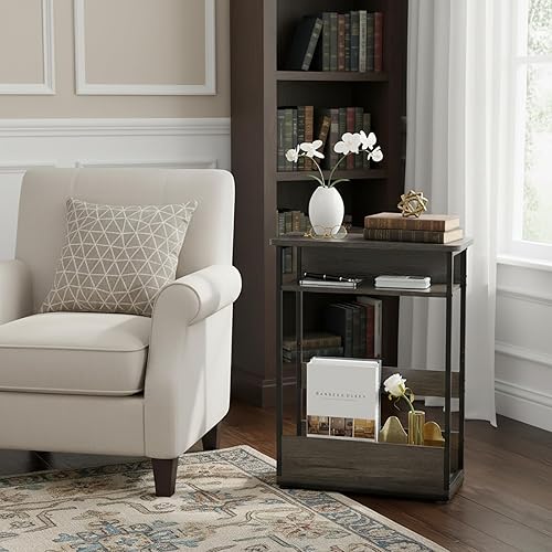 Miniatura 6 de Mesa auxiliar estrecha vintage con estante de almacenamiento, mesa auxiliar delgada de 3 niveles, mesa de sofá moderna para espacios estrechos y