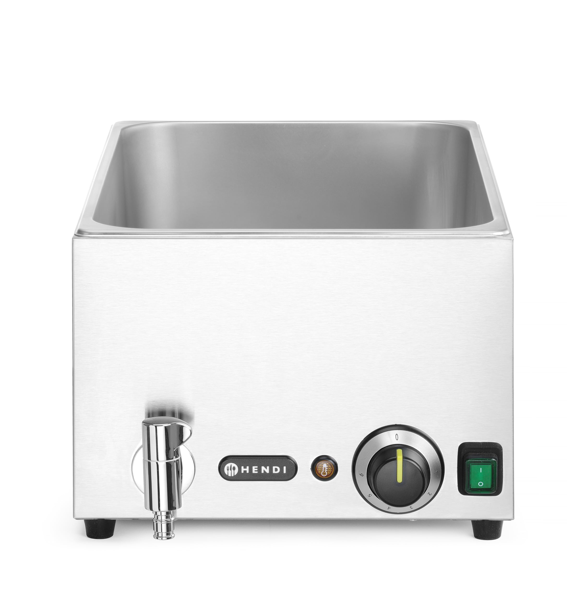 HENDI Bain-Marie mit Ablasshahn Set, mit 3x GN1/3 Behälter und Deckel, Temperaturbereich: 30° bis 85°C, 6 Heizstufen, Speisenwärmer, Buffetwärmer, GN1/1, 230V/1000W, 604x332x(H)242mm, Edeltahl