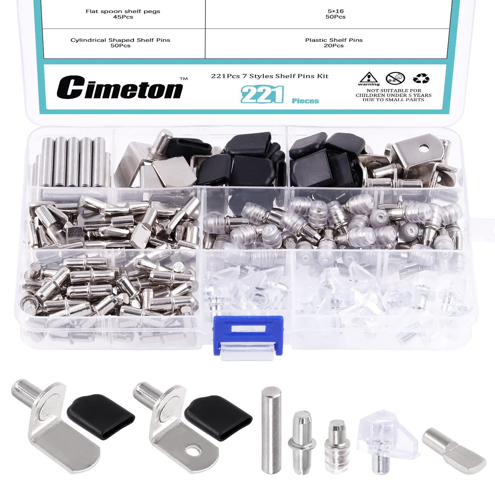 Cimeton 221Pcs 7 Styles Nickel Plated Shelf Pins Shelf Support Pegs Kit, Cylindrical Pins Holder, Dowel Pin, PVC Shelf Pin