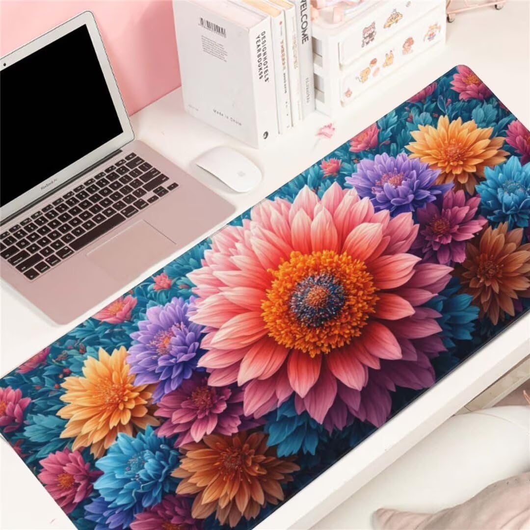Alfombrilla de ratón 1400x600x3 MM, Alfombrilla Ratón XXL Extendida de Gran Tamaño con Bordes Cosidos, Resiste Salpicaduras, Base de Goma Antideslizante y Almohadilla para Teclado, Daisy S-2483
