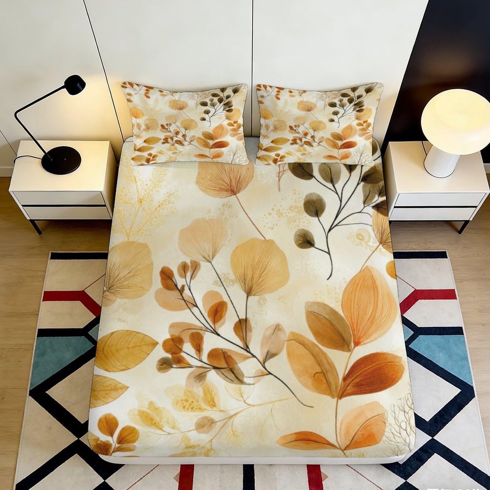 3D Printed Autumn Leaves Fitted Sheet Microfiber Soft Beige Botanical Mattress Cover for Bedroom Guest Room Decor 200x200x25cm