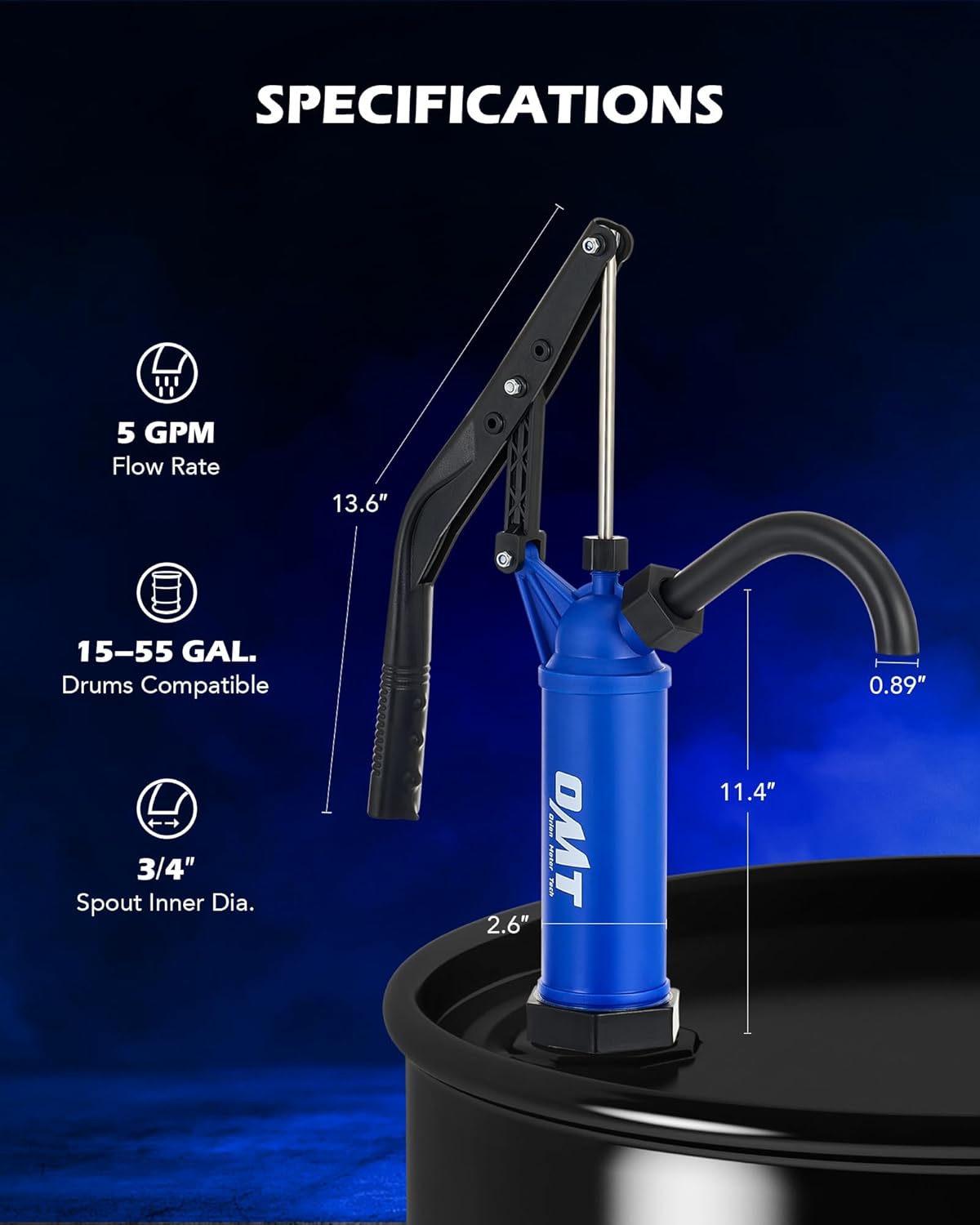 Orion Motor Tech 55 Gallon Drum Pump, for Transfer of Chemicals, Acidic Solutions, Fuels, Water Based Fluids, Fits 5 to 55 Gallon Drums & Barrels, Lever Action Barrel Pump, with 3 Section Suction Tube