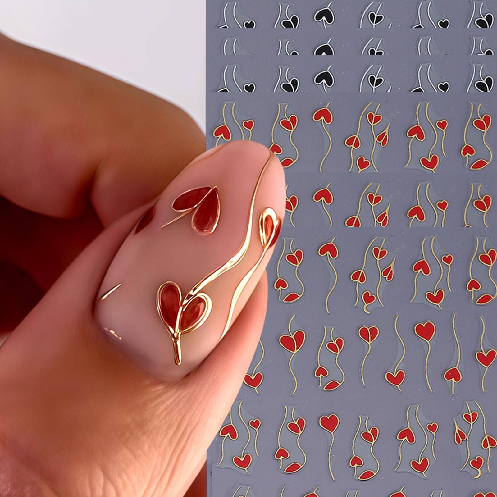 6Sheets Heart Nail Stickers Decals for Nail Art, 3D Self Adhesive Heart Nail Art Sticker Red Black Hearts Love Nail Decals Gold Silver Line Hearts Nails Design Manicure Decor Nails Supplies for Women