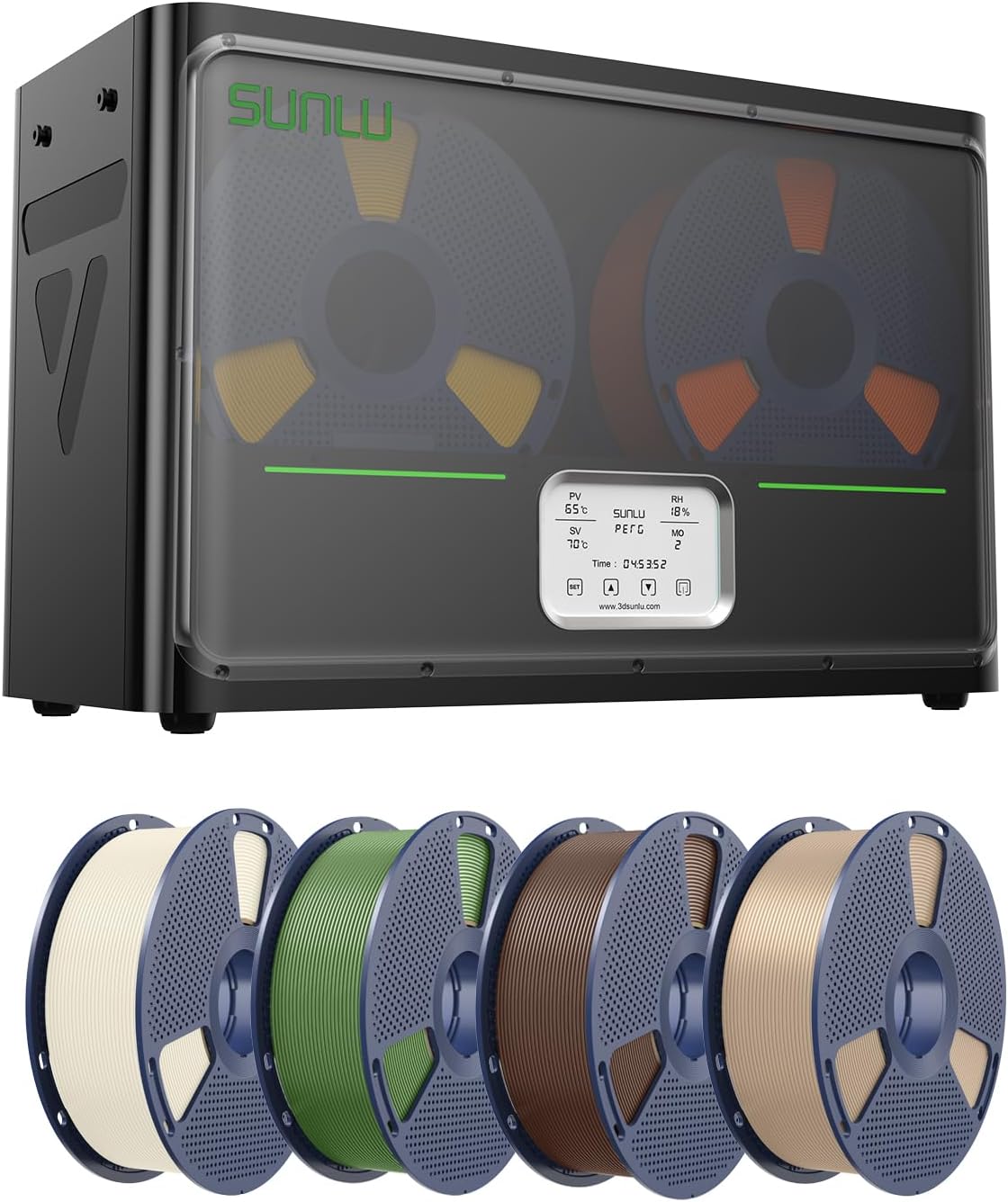 SUNLU Official Filament Dryer S4, Capacity for 4 Spools, PLA Plus 3D Filament 1.75mm, Bone White+Olive Green+Coffee Brown+Oak