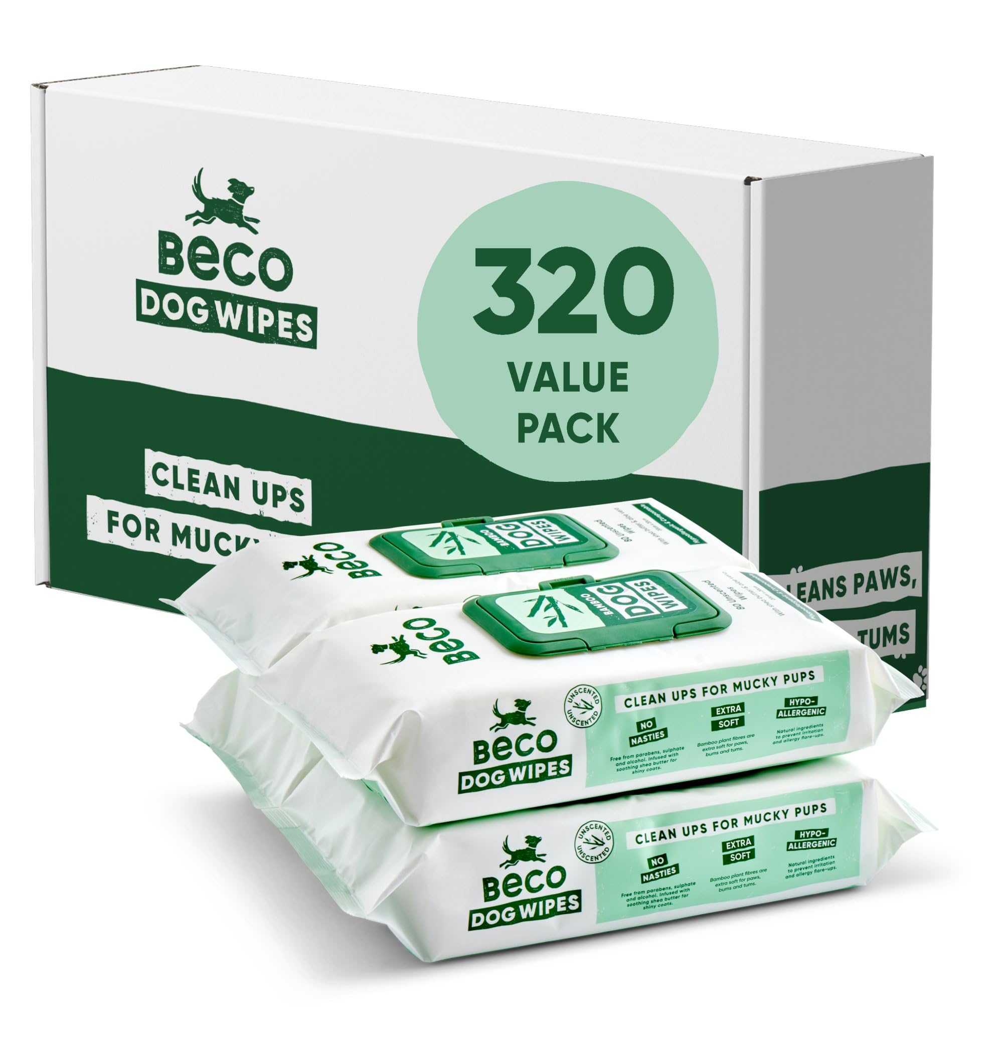 Beco Dog Wipes - 4 Packs of 80, Unscented, For Paws, Body and Bum, Plant-Based Grooming Wipes