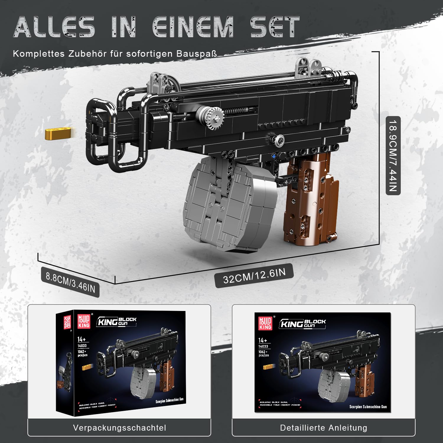 Mould King 14033 Sturmgewehr Waffen Bausteine Spielzeug - 1062 Teile Klemmbausteine Schießwaffe Modell mit Bewegliche Mechanik, Technik Waffen-Gewehr Bausatz Set für Erwachsene und Jugendliche