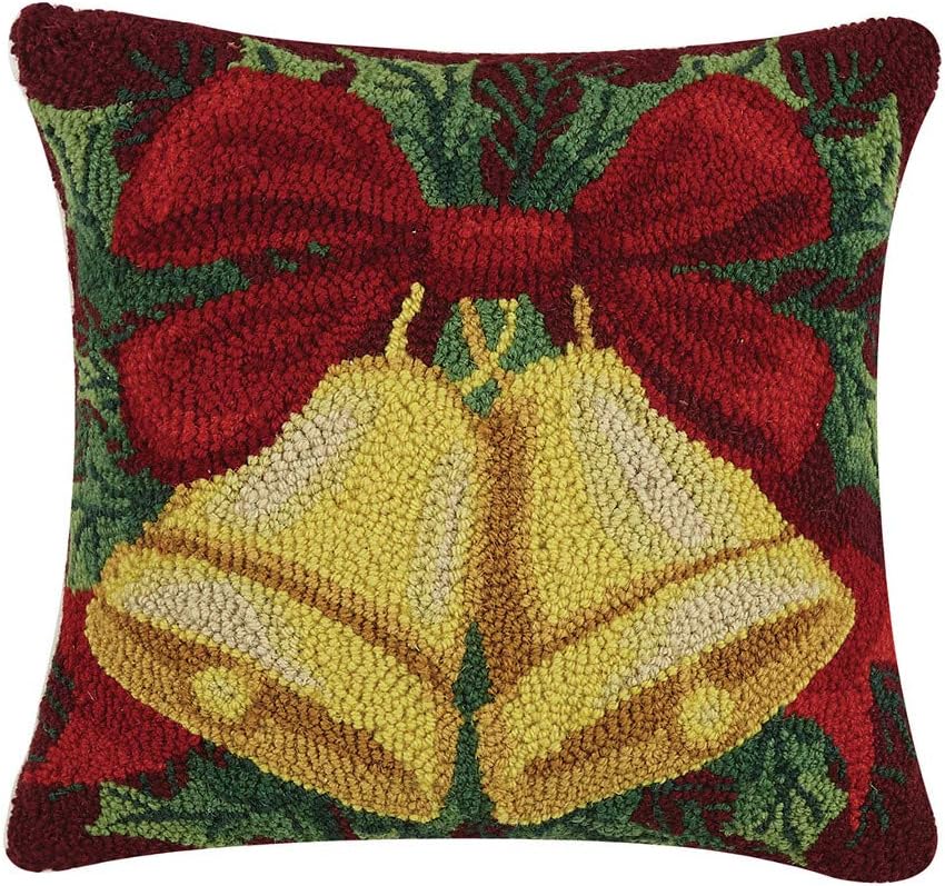 Peking Handicraft Festive Christmas Bells Hooked Wool Throw Pillow - 18" x 18"