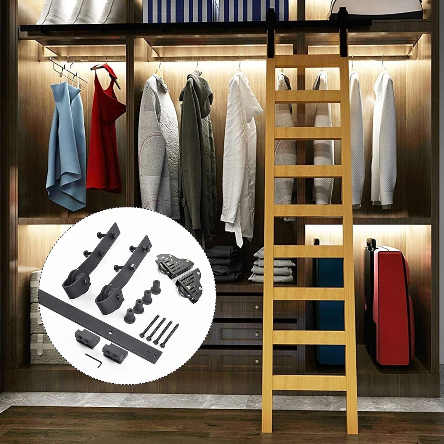 Rolling Ladder Hardware Library Sliding Ladder Hardware Kit Round Track/Rail(No Ladder),Steel Round Tube Mobile Ladder Track for Home/Indoor/ (100cm(3.3 ft) track kit)