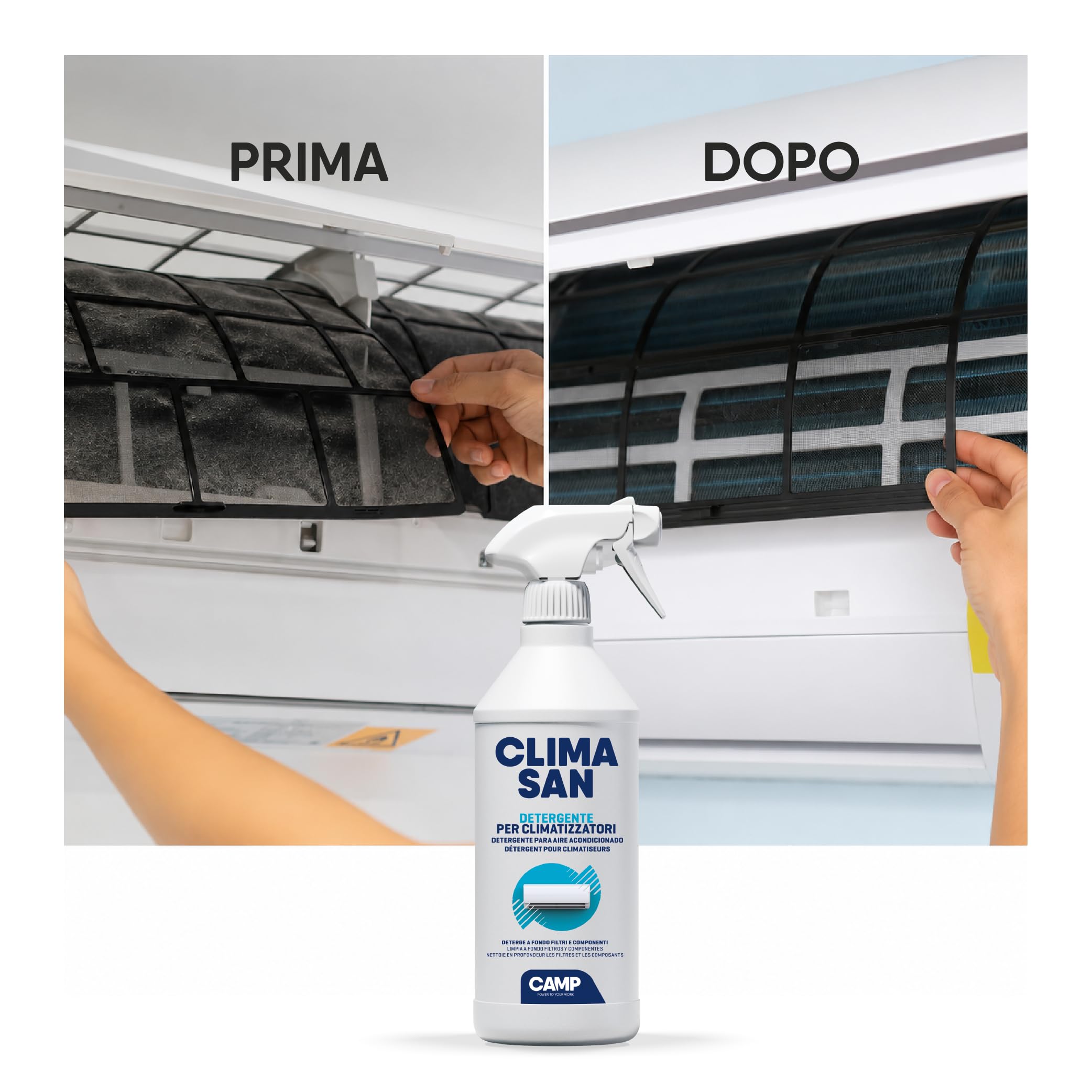CAMP Climasan Detergente - Per Climatizzatore Specifico per Filtri e Componenti, Spray Condizionatore ad Azione Immediata, Pulisce a Fondo ed Elimina i Cattivi Odori, 750 ml