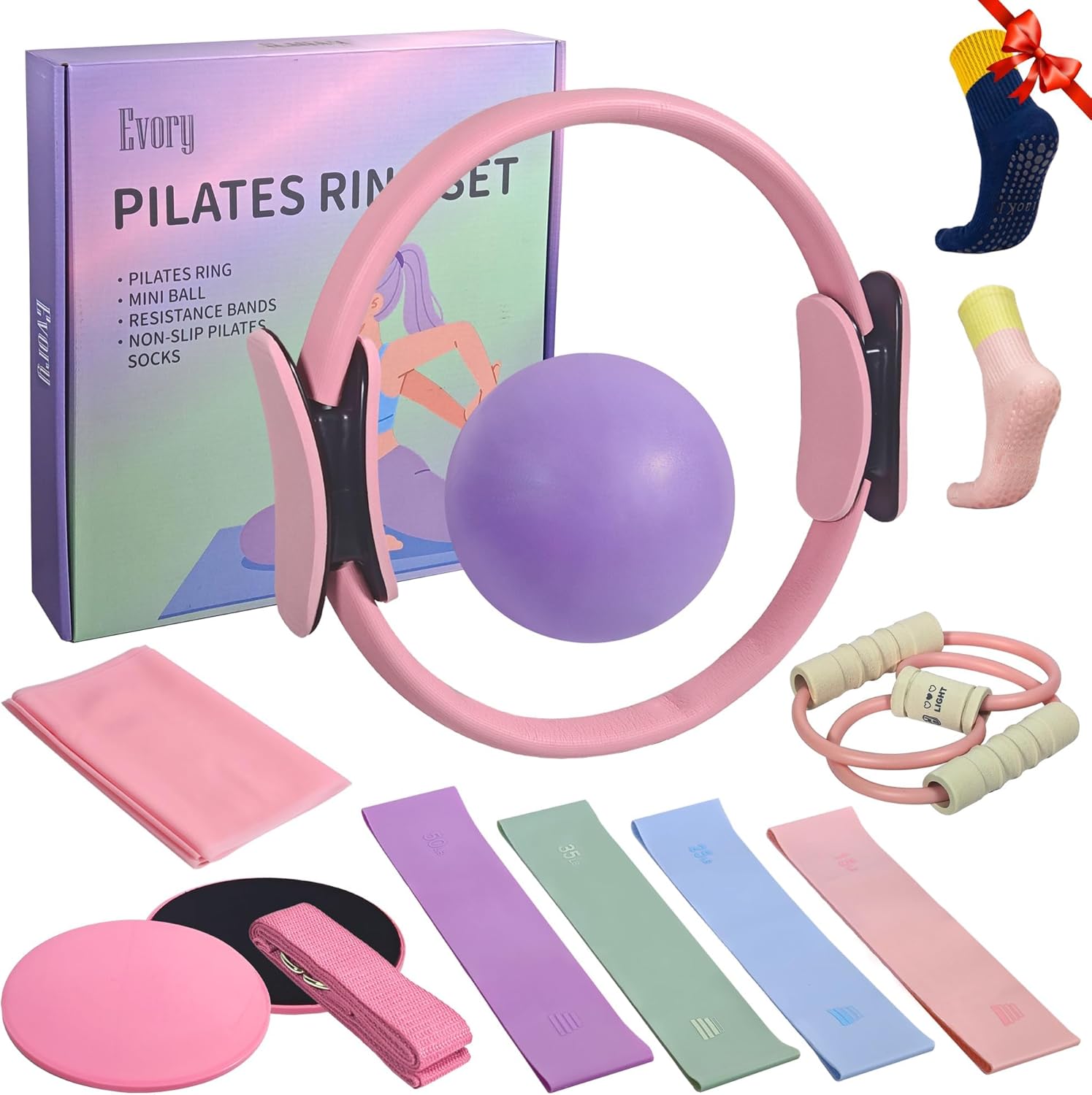 evory Pilates Kit, Home Pilates Workout Kit for Women, Pilates Equipment with 14" Pilates Ring and Ball, Resistance Bands, Sliders & Grip Socks Accessories for Starter Home Workouts