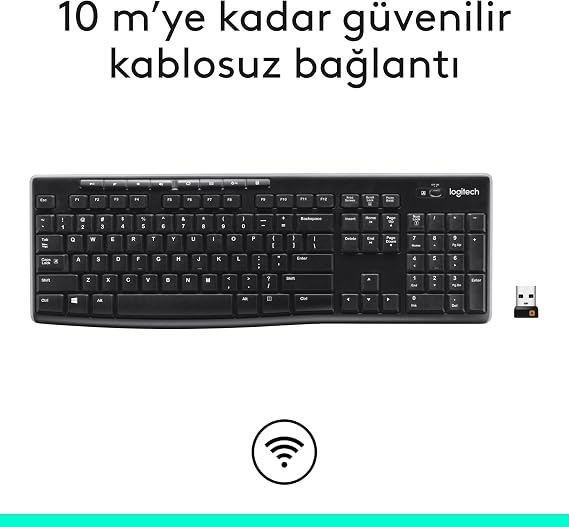 Logitech K270 Wireless Keyboard, Keypad, Liquid Spill Resistant, 10 m Usage Distance, Turkish Q Keyboard, Black
