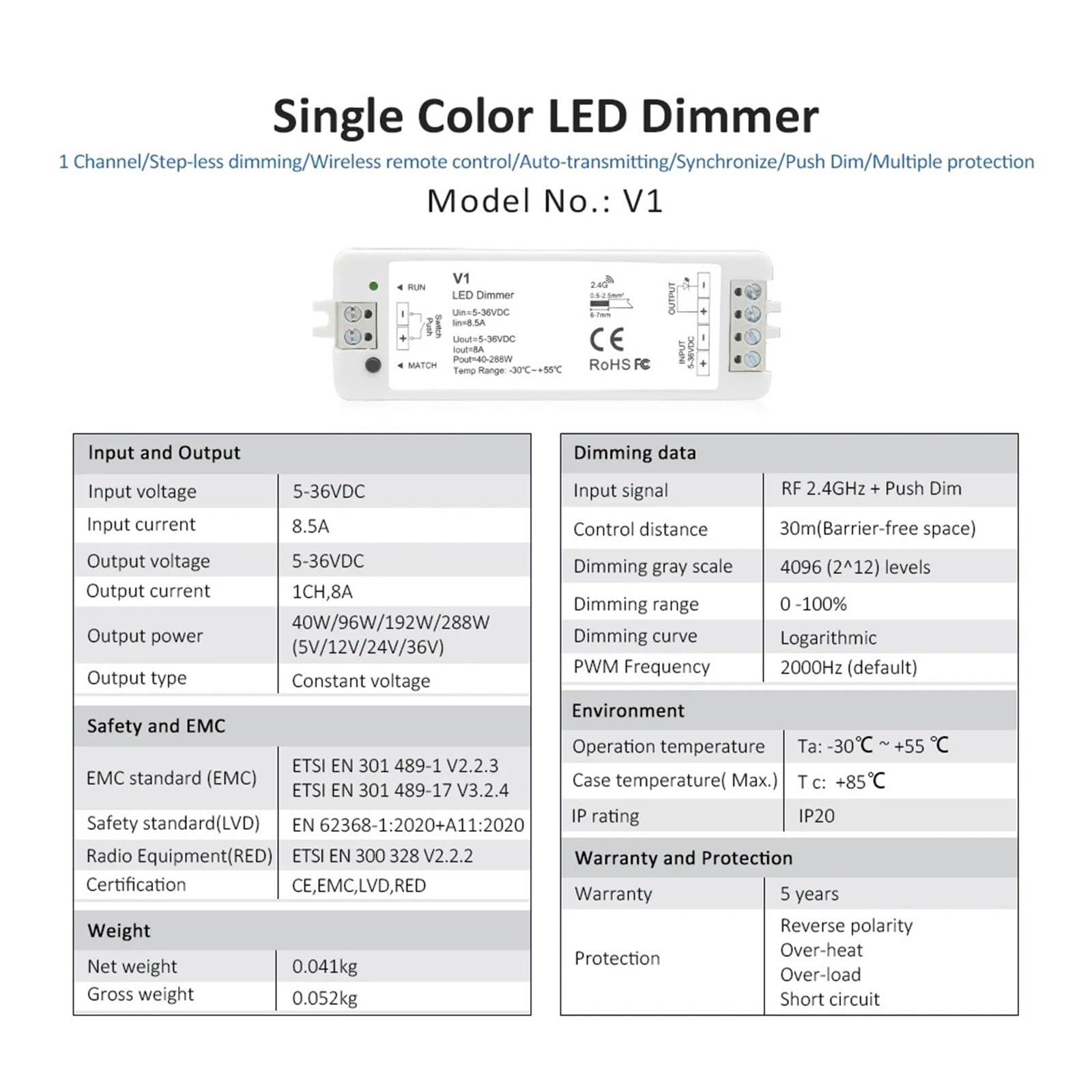 V1 LED-Dimmer, 12 V, 24 V, 36 V, RT6, 4 Zonen, einfarbige LED-Lichtleiste, Dimm-Set, kabelloses WLAN, 2,4 G RF-Fernbedienung, Tastenschalter, Dimmer (Color : 4pcs V1 1pcs RT6 Set)