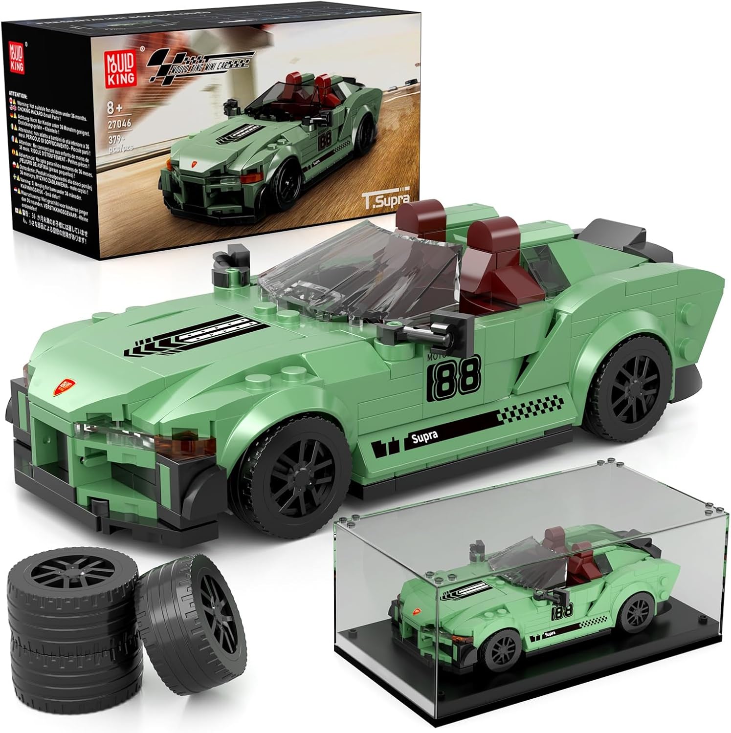 Mould King Super Sports Car Building Set with Display Case, 332 Piece Race Car Model Construction Toy for Boys and Adults, Collectible Vehicle Blocks Kit