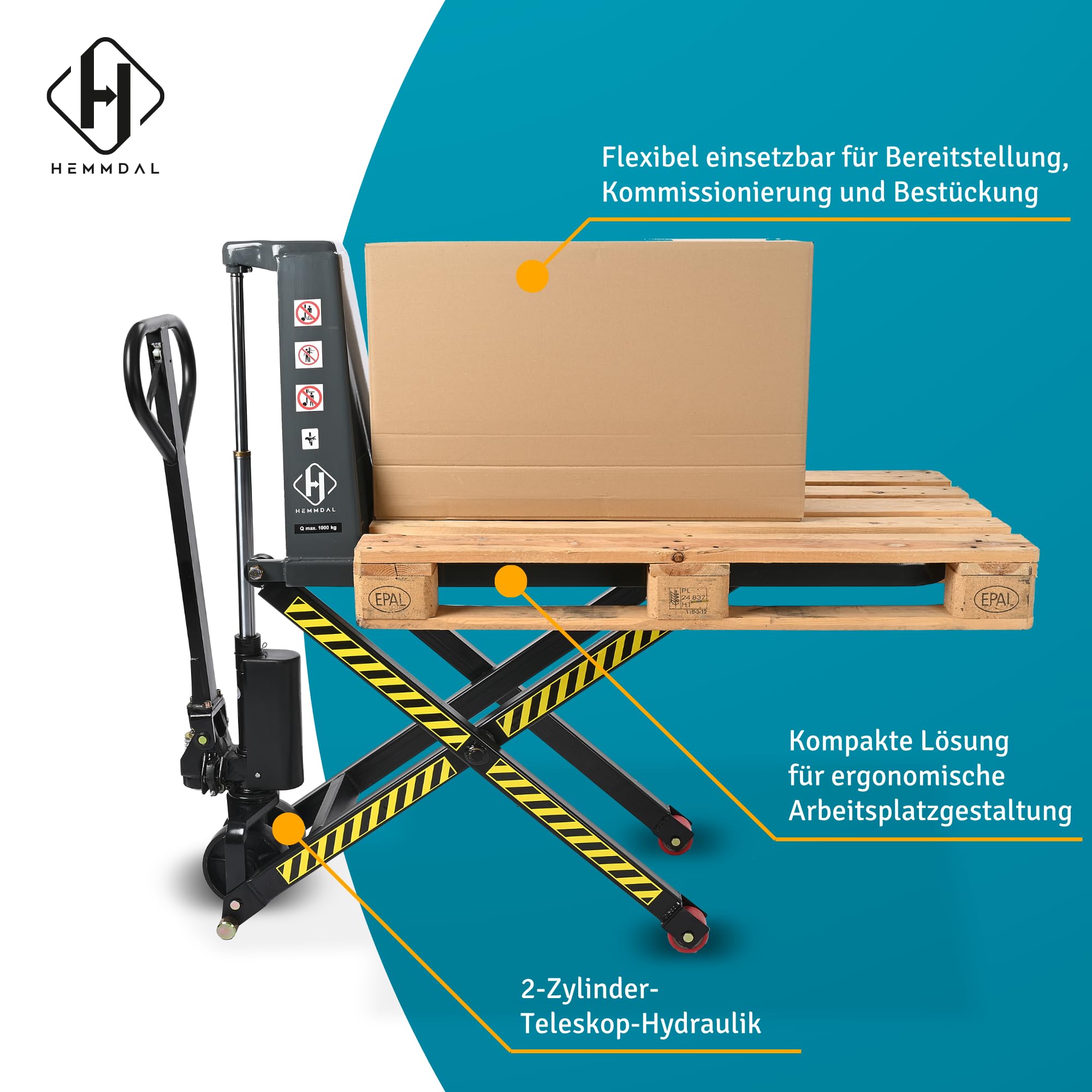 HEMMDAL Scherenhubwagen PTM | 1.000 kg Tragkraft | 85-800 mm Hubbereich | 1.150 mm Gabellänge | Lenkrad aus robustem Polyurethan | Polyurethan Einfach-Gabelrollen | Hubtisch
