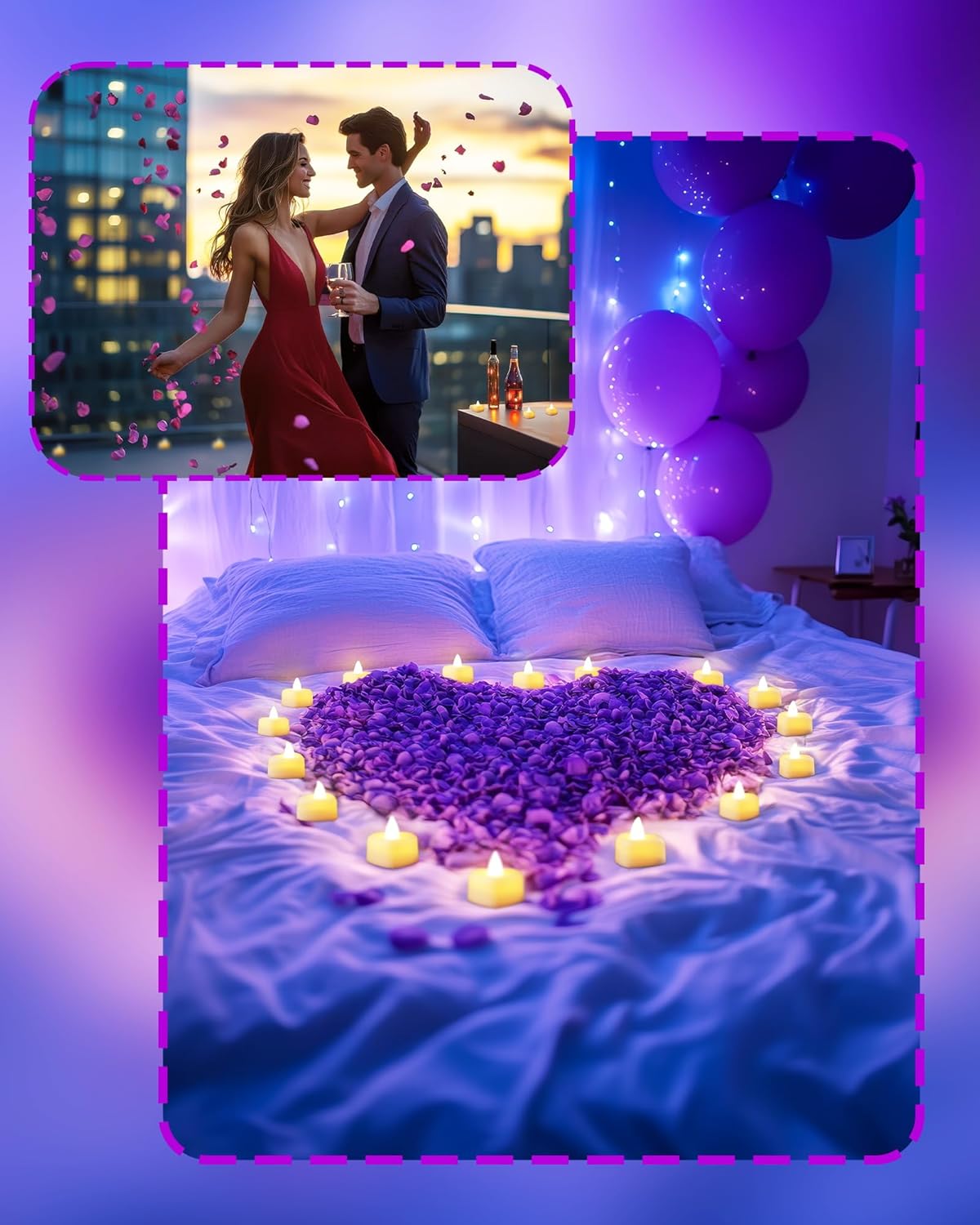 Homemory Rose Petals and Candles Set for Romantic Decorations Special Night, 2000 Pcs Purple Rose Petals with 24 Pcs LED Heart Candles Lights for Proposal, Anniversary, Birthday, Wedding Decor - Image 5